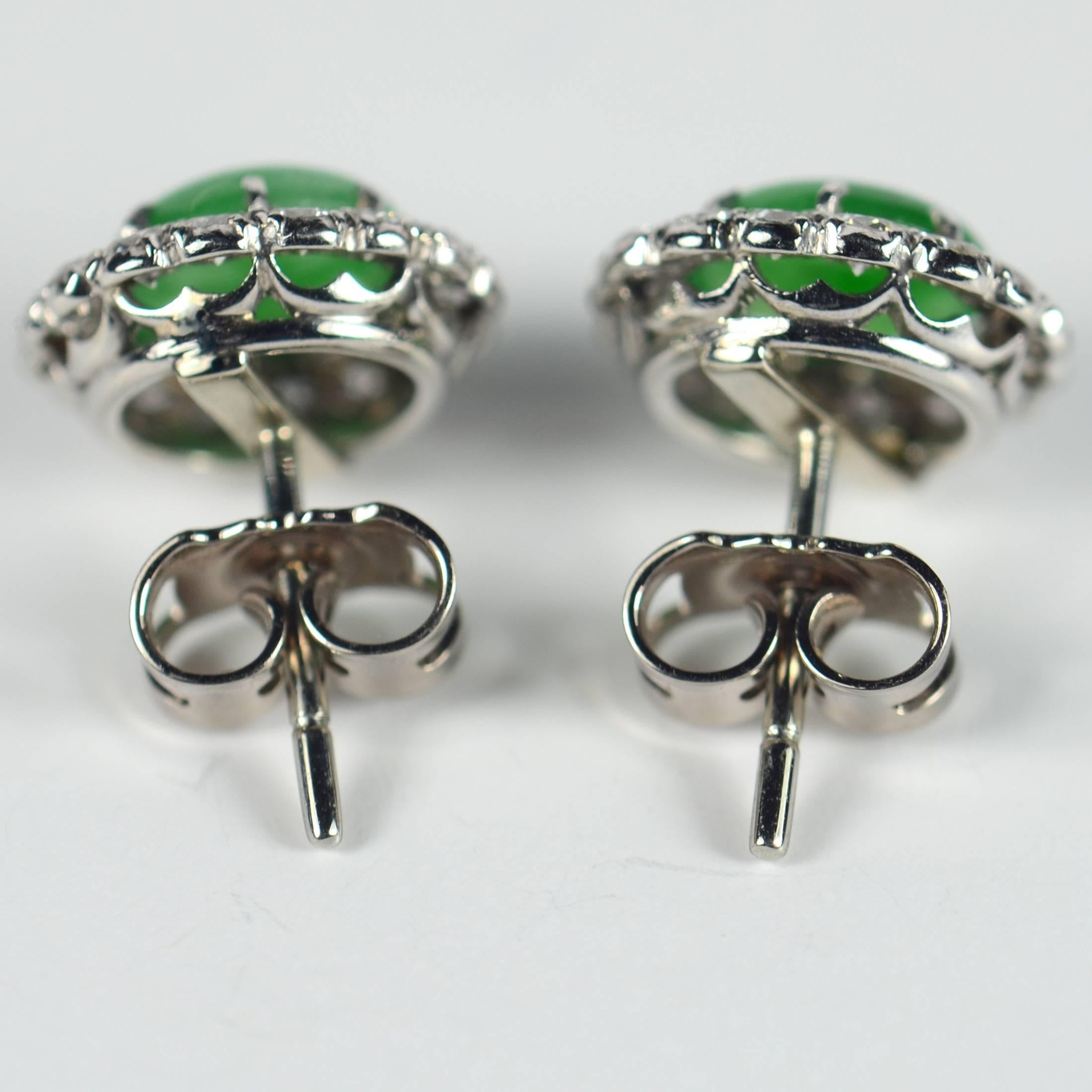 Women's Untreated Green Jade White Diamond Cluster Stud Earrings