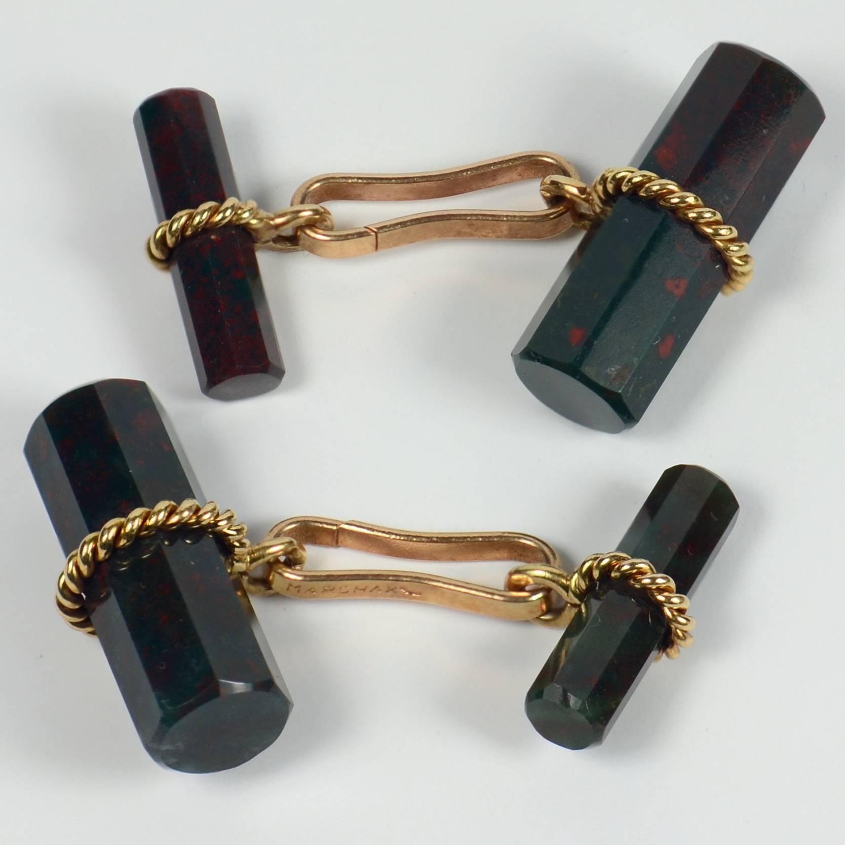 Marchak French Green Red Bloodstone Quartz Gold Cufflinks In Good Condition In London, GB