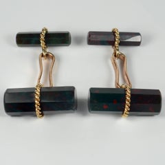 Marchak French Green Red Bloodstone Quartz Gold Cufflinks
