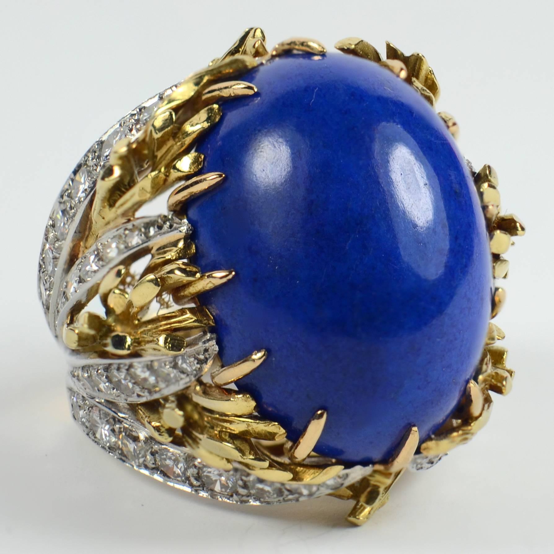 Women's Blue Lapis Lazuli Diamond Platinum Gold Cabochon Cocktail Ring