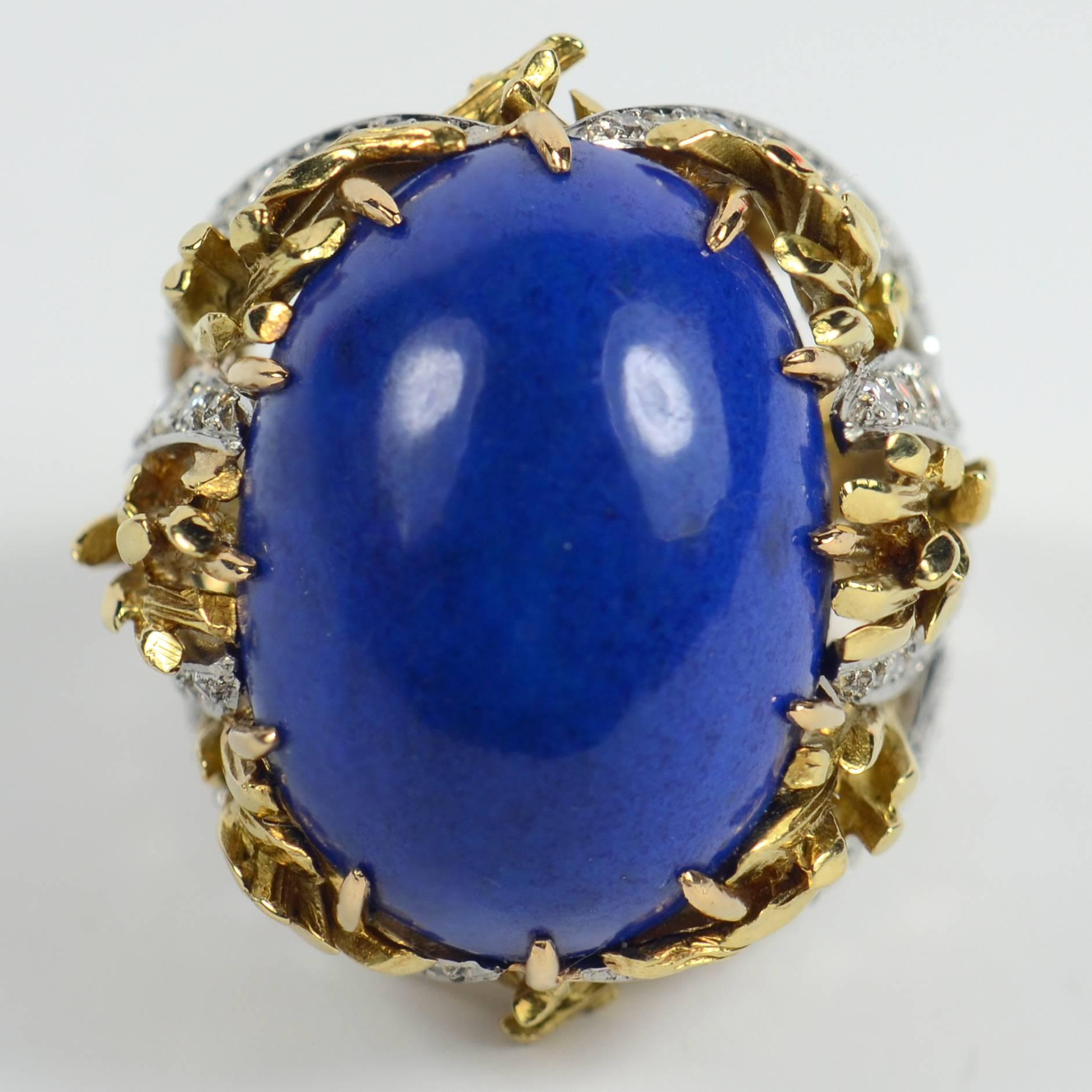 Blue Lapis Lazuli Diamond Platinum Gold Cabochon Cocktail Ring In Good Condition In London, GB