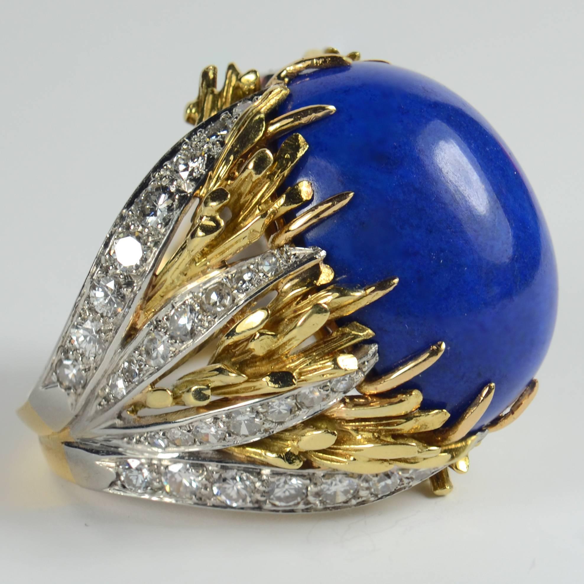Blue Lapis Lazuli Diamond Platinum Gold Cabochon Cocktail Ring 1