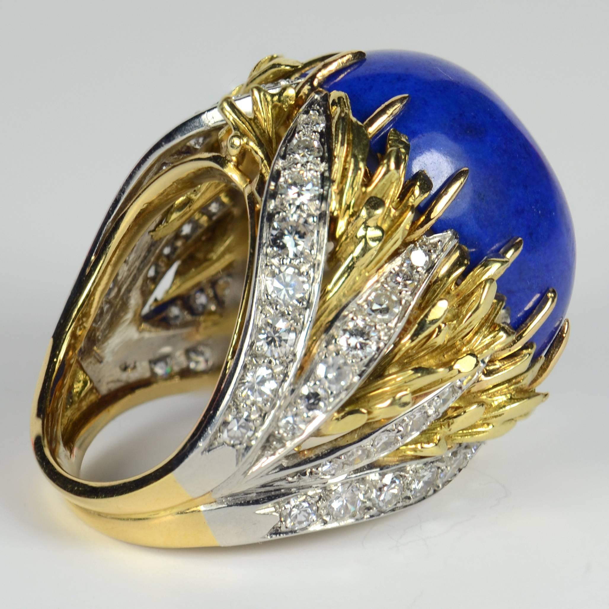 Blue Lapis Lazuli Diamond Platinum Gold Cabochon Cocktail Ring 2