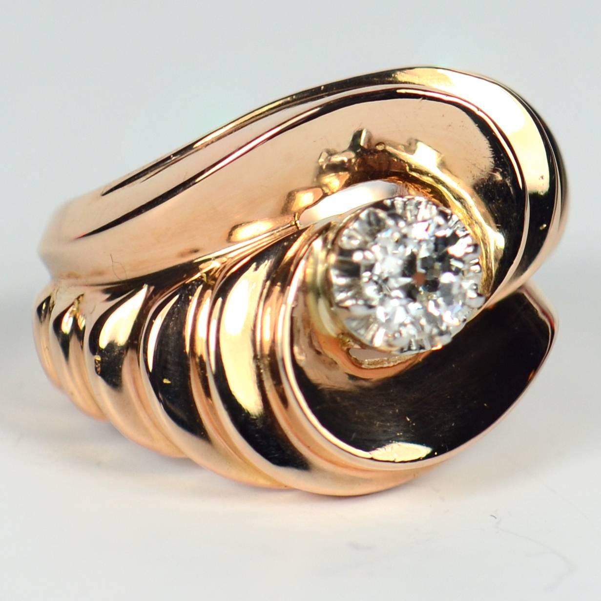 Women's Retro 1940s Asymmetric Tourbillon Diamond Rose Gold Ring