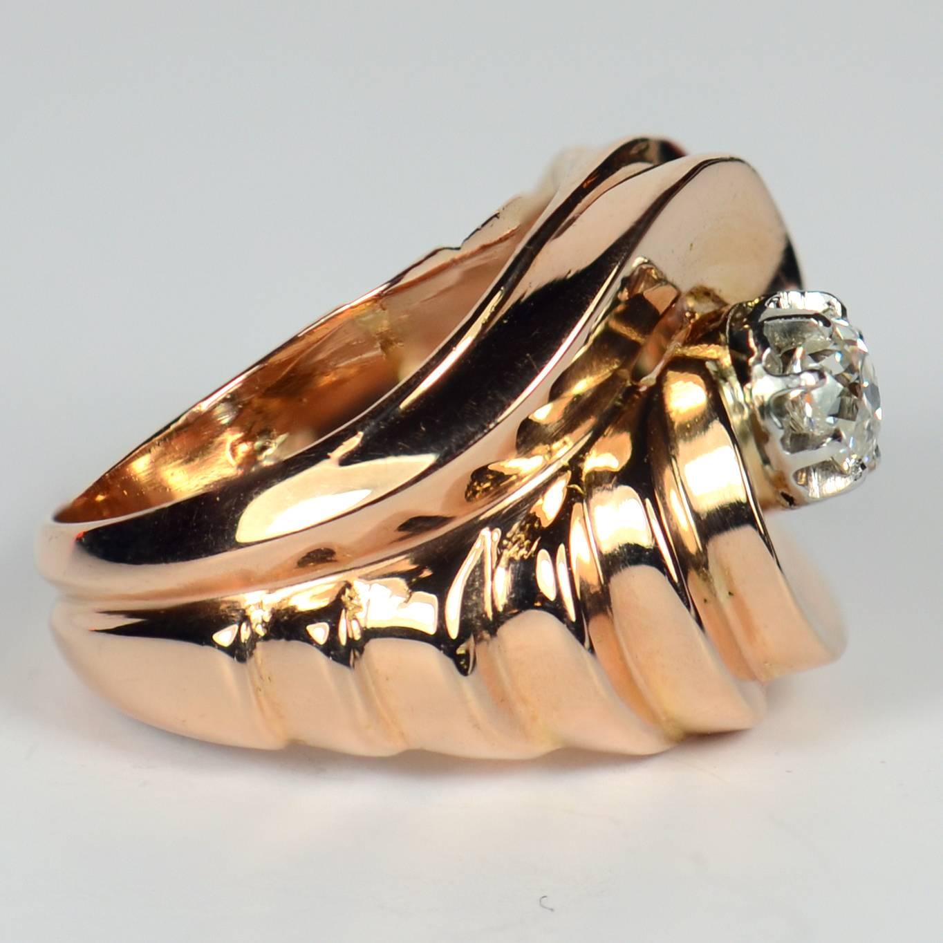 Retro 1940s Asymmetric Tourbillon Diamond Rose Gold Ring 1
