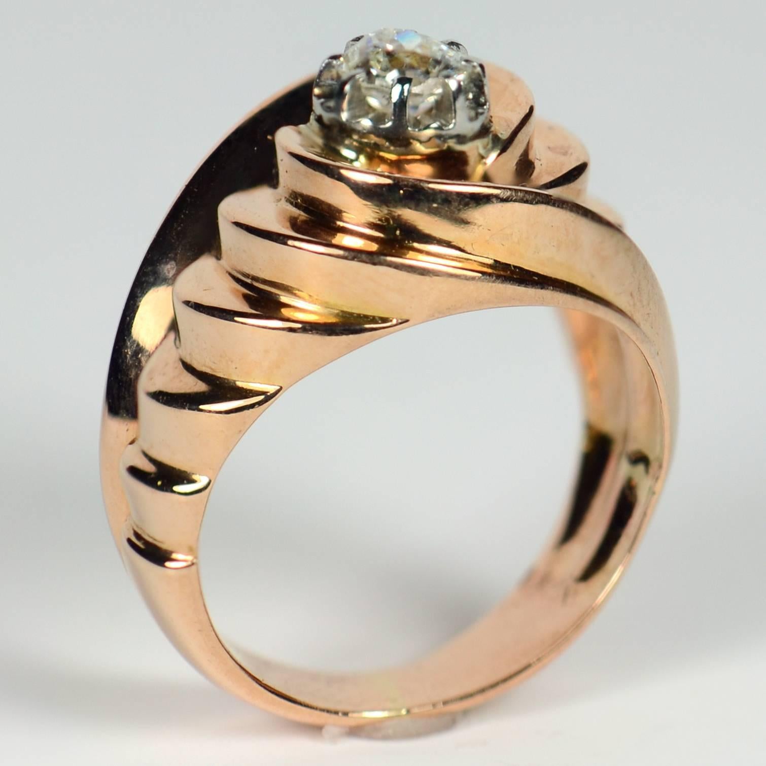 Cushion Cut Retro 1940s Asymmetric Tourbillon Diamond Rose Gold Ring