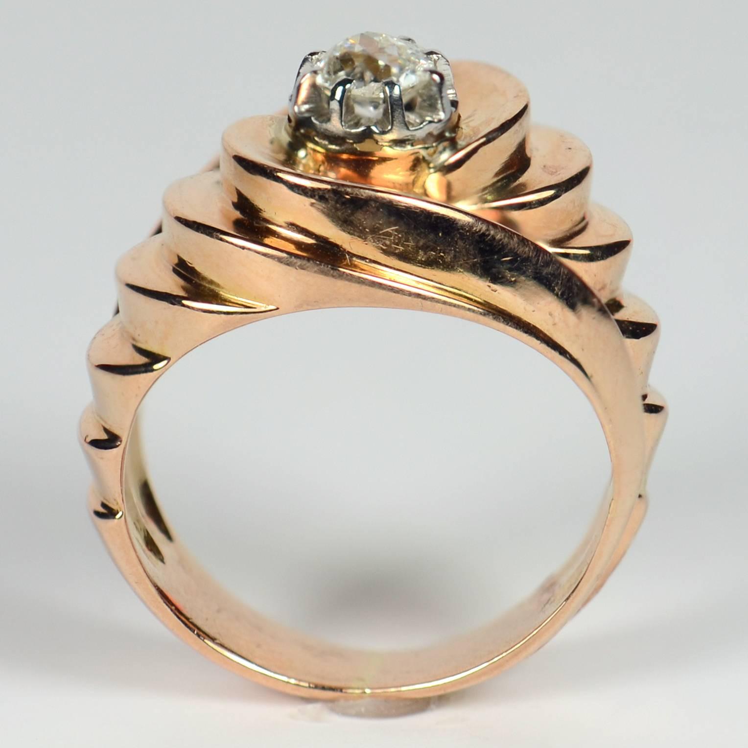 Retro 1940s Asymmetric Tourbillon Diamond Rose Gold Ring In Good Condition In London, GB