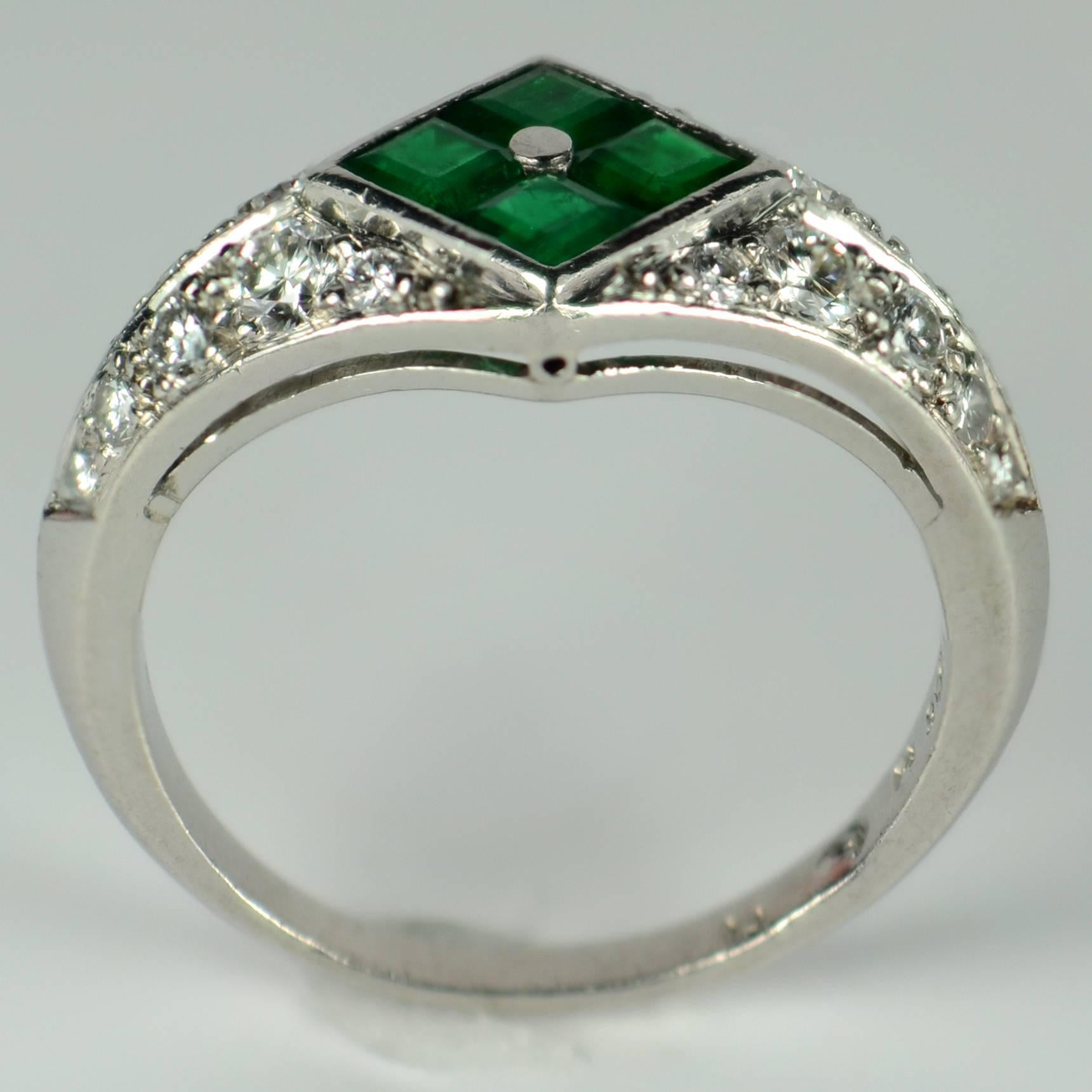 Checkerboard Invisibly-Set Emerald Diamond Pave Platinum Ring For Sale 4