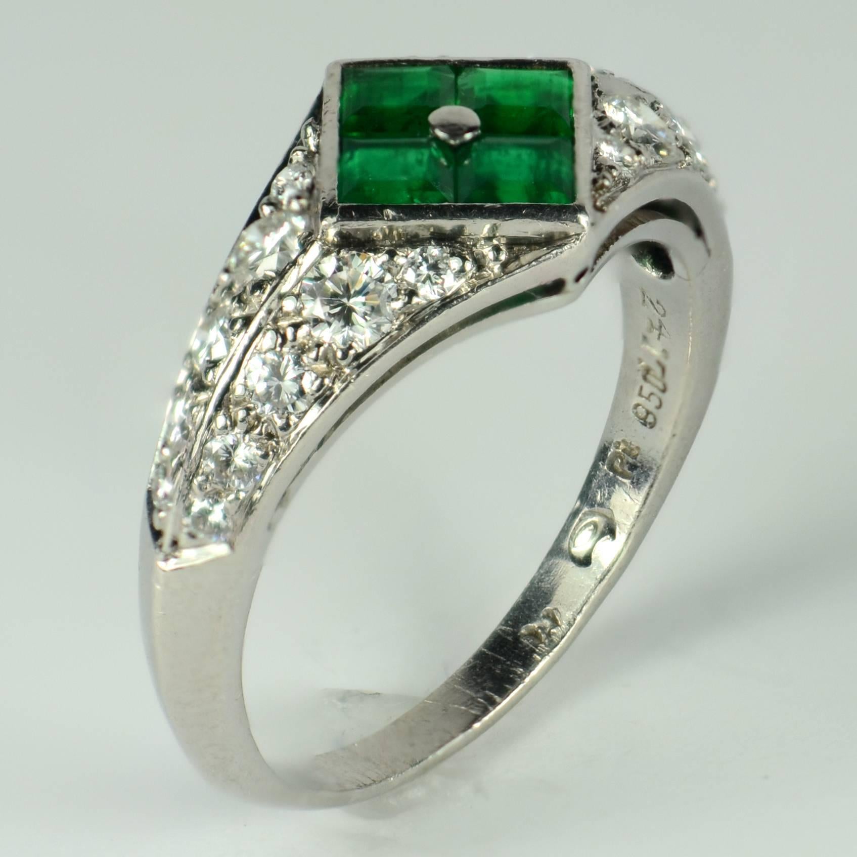 Checkerboard Invisibly-Set Emerald Diamond Pave Platinum Ring For Sale 2