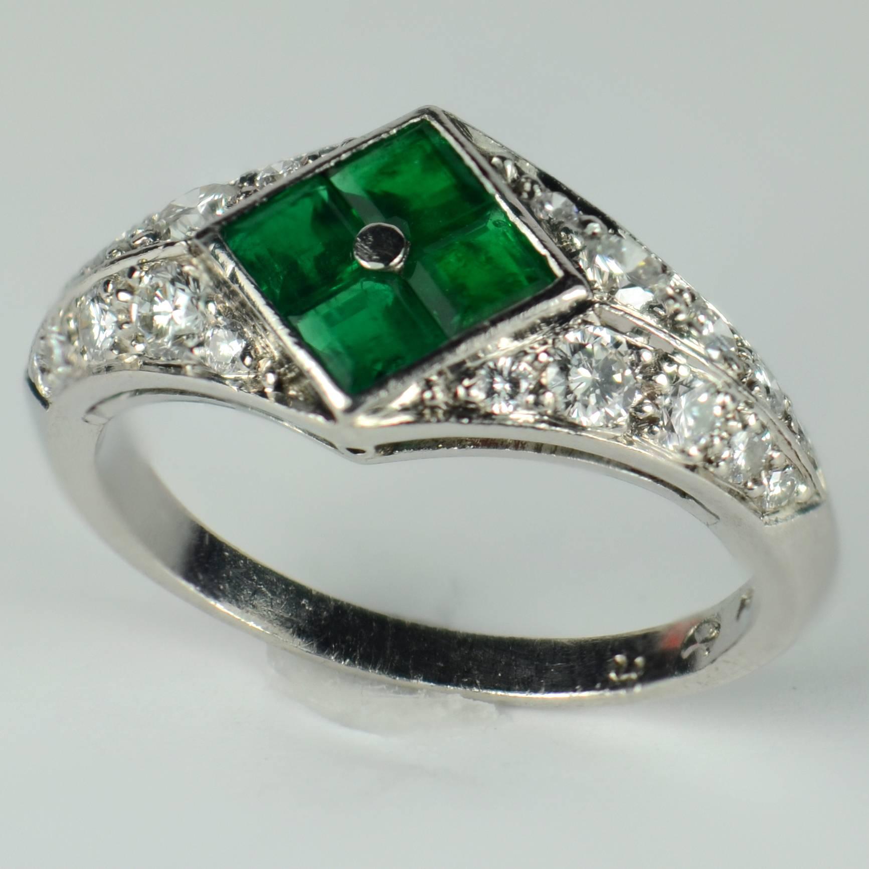 Checkerboard Invisibly-Set Emerald Diamond Pave Platinum Ring For Sale 3