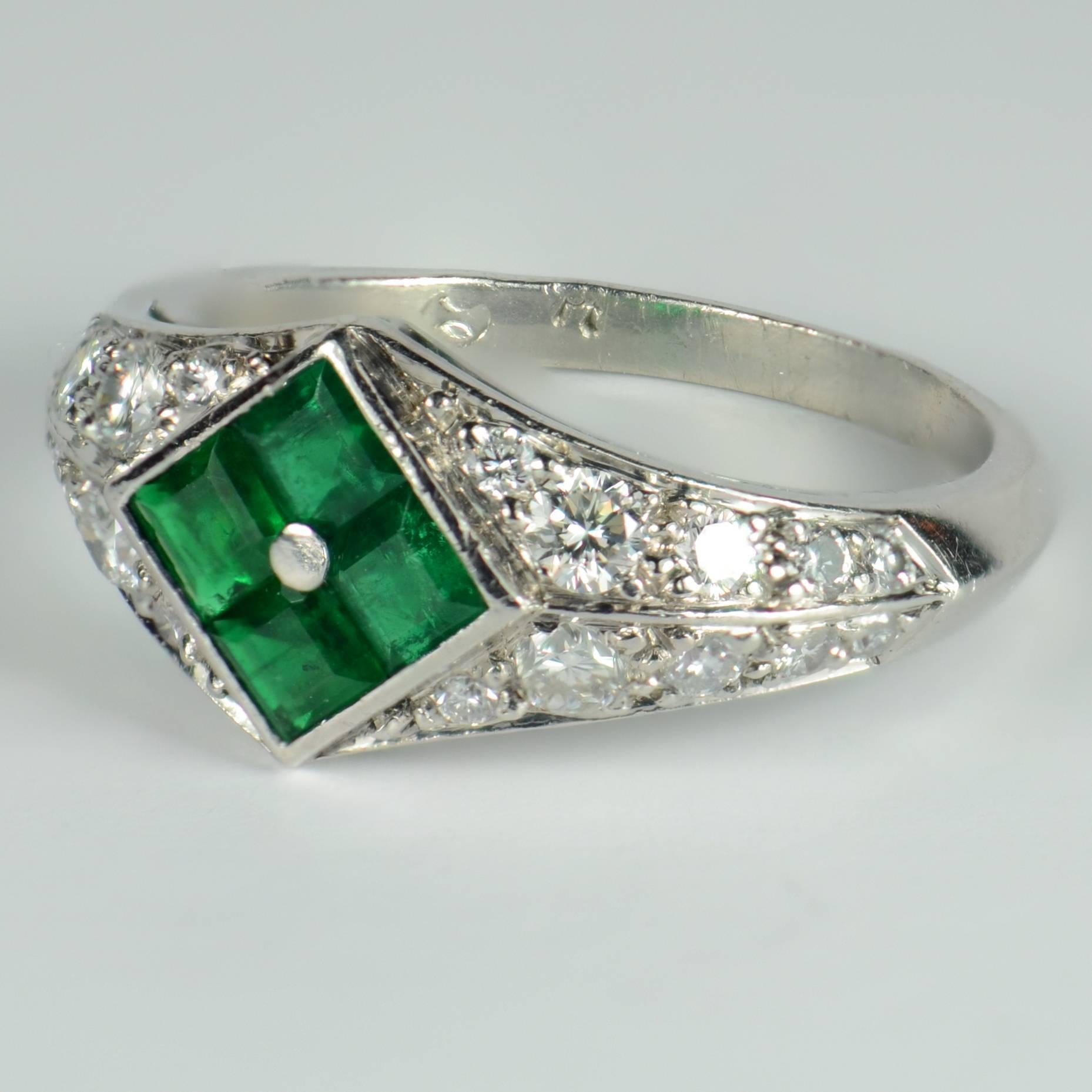 Checkerboard Invisibly-Set Emerald Diamond Pave Platinum Ring For Sale 1