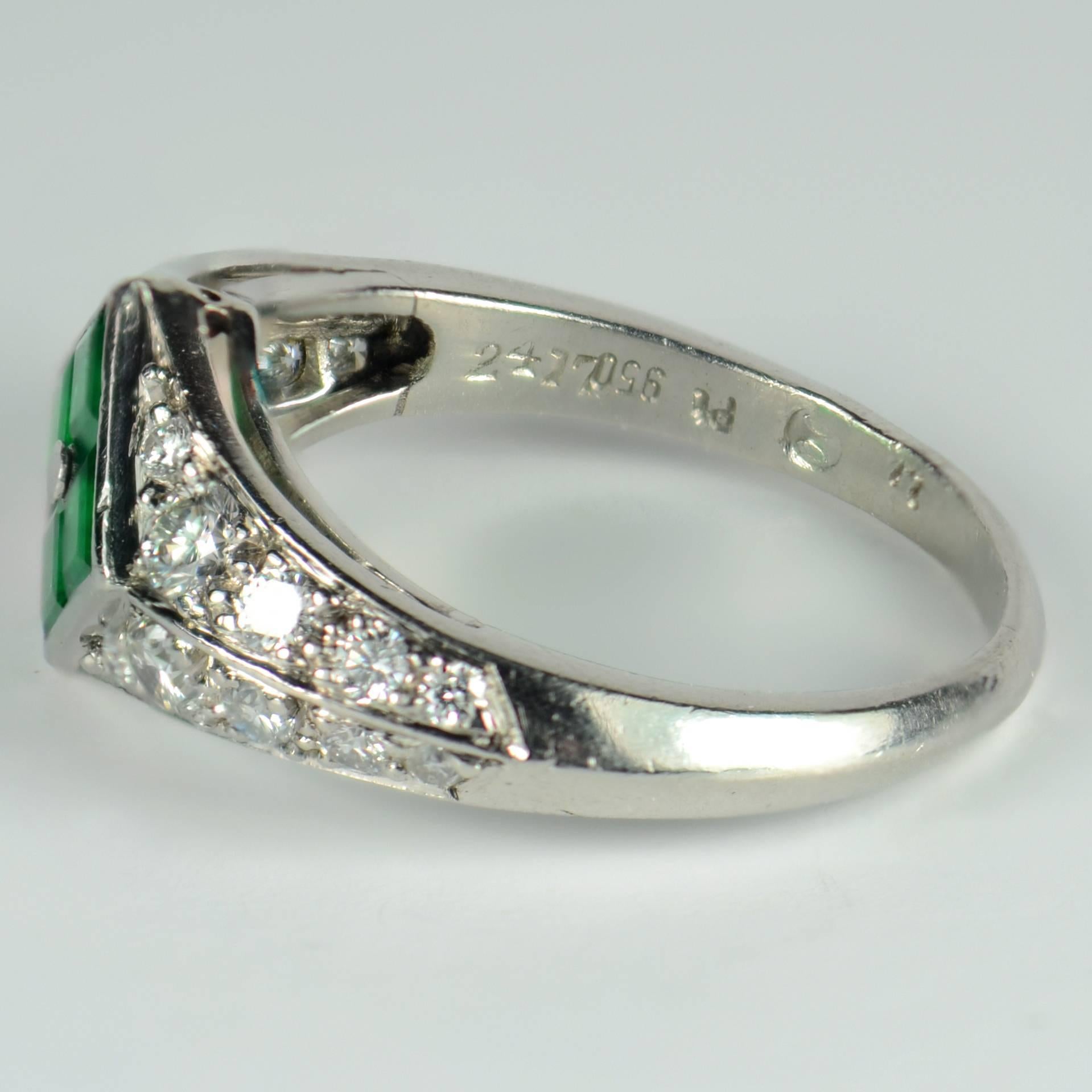 Checkerboard Invisibly-Set Emerald Diamond Pave Platinum Ring For Sale 5