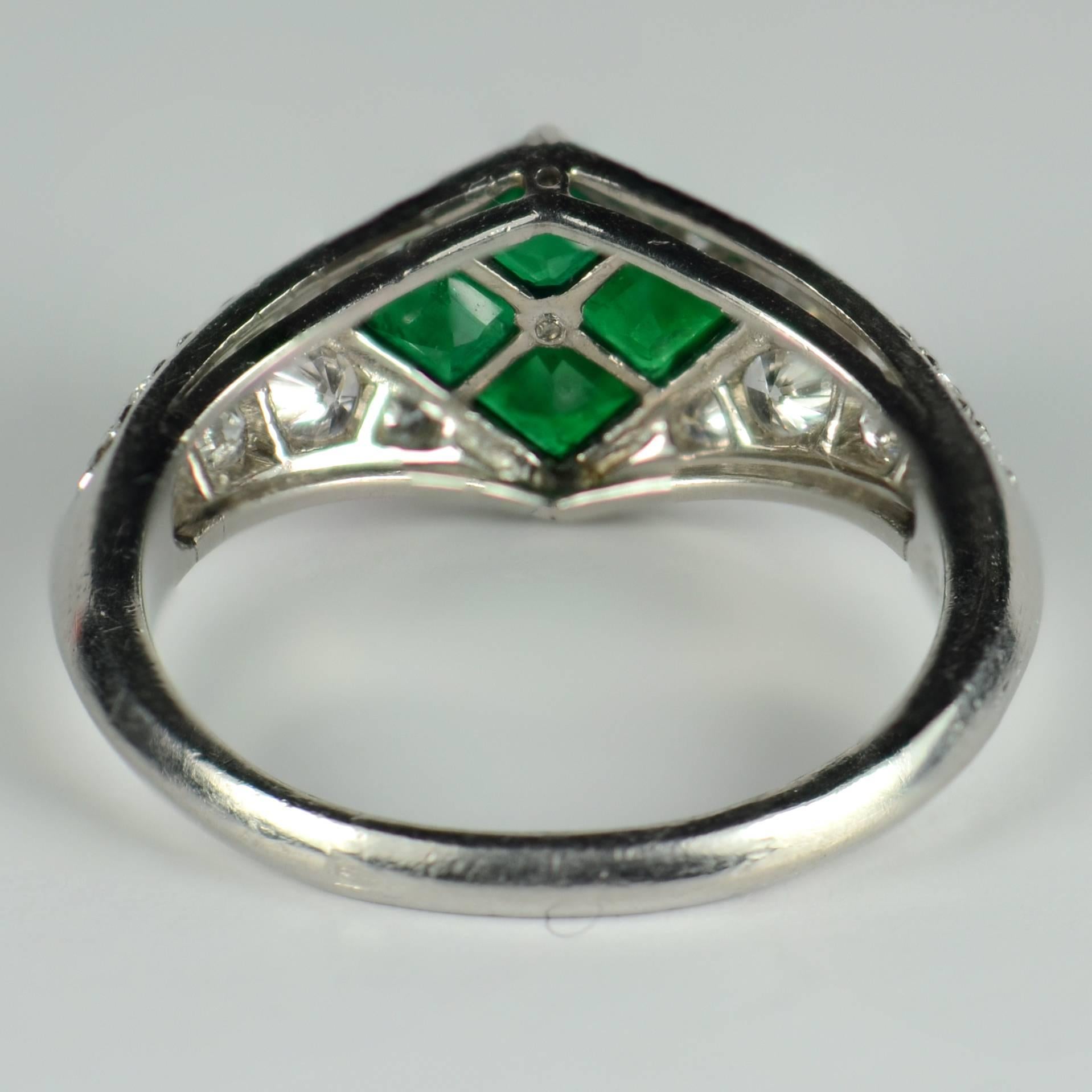 Checkerboard Invisibly-Set Emerald Diamond Pave Platinum Ring For Sale 7