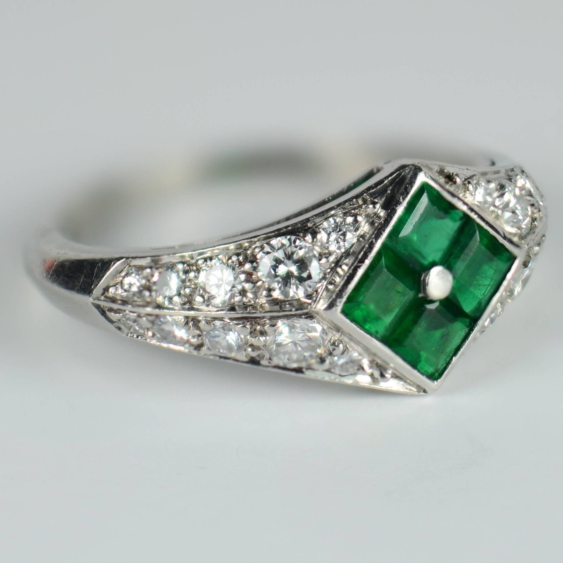 Women's Checkerboard Invisibly-Set Emerald Diamond Pave Platinum Ring For Sale