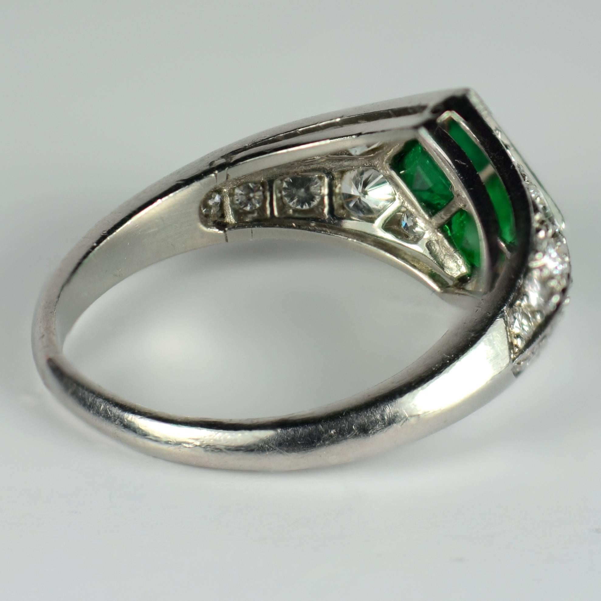 Checkerboard Invisibly-Set Emerald Diamond Pave Platinum Ring For Sale 6