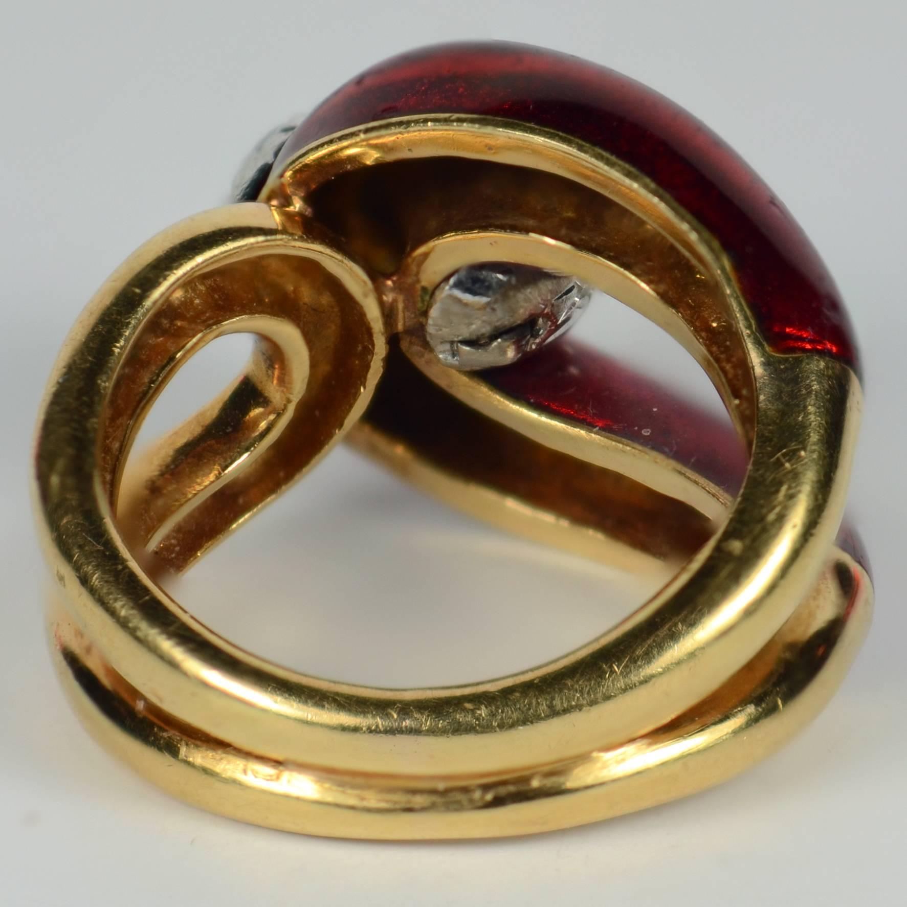 Women's 1960s Vourakis Red Enamel Pave Diamond Gold Buckle Ring