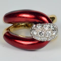 1960s Vourakis Red Enamel Pave Diamond Gold Buckle Ring