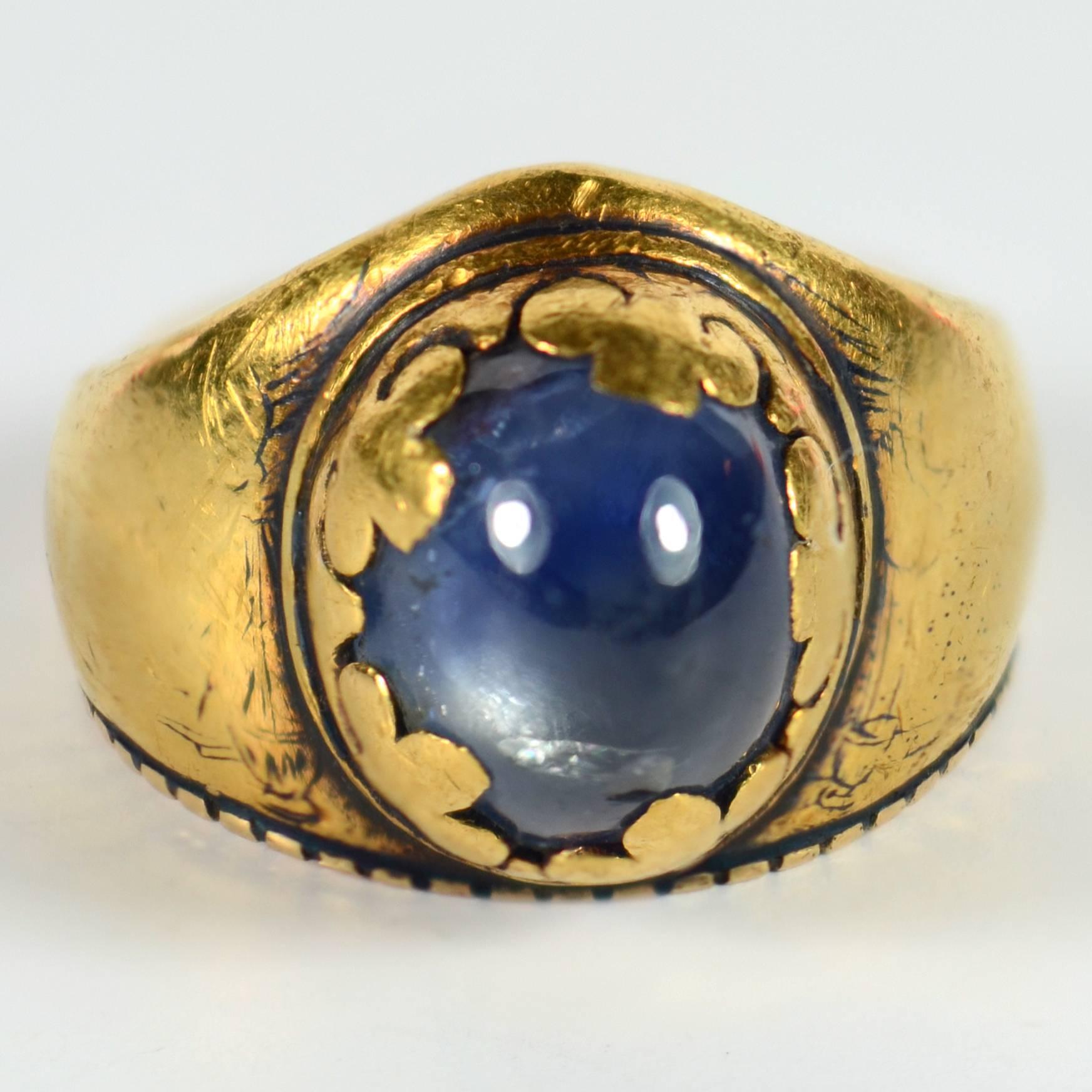 Women's or Men's Antique 1912 Christmas Nativity Xmas Blue Sapphire Gold Niello Ring