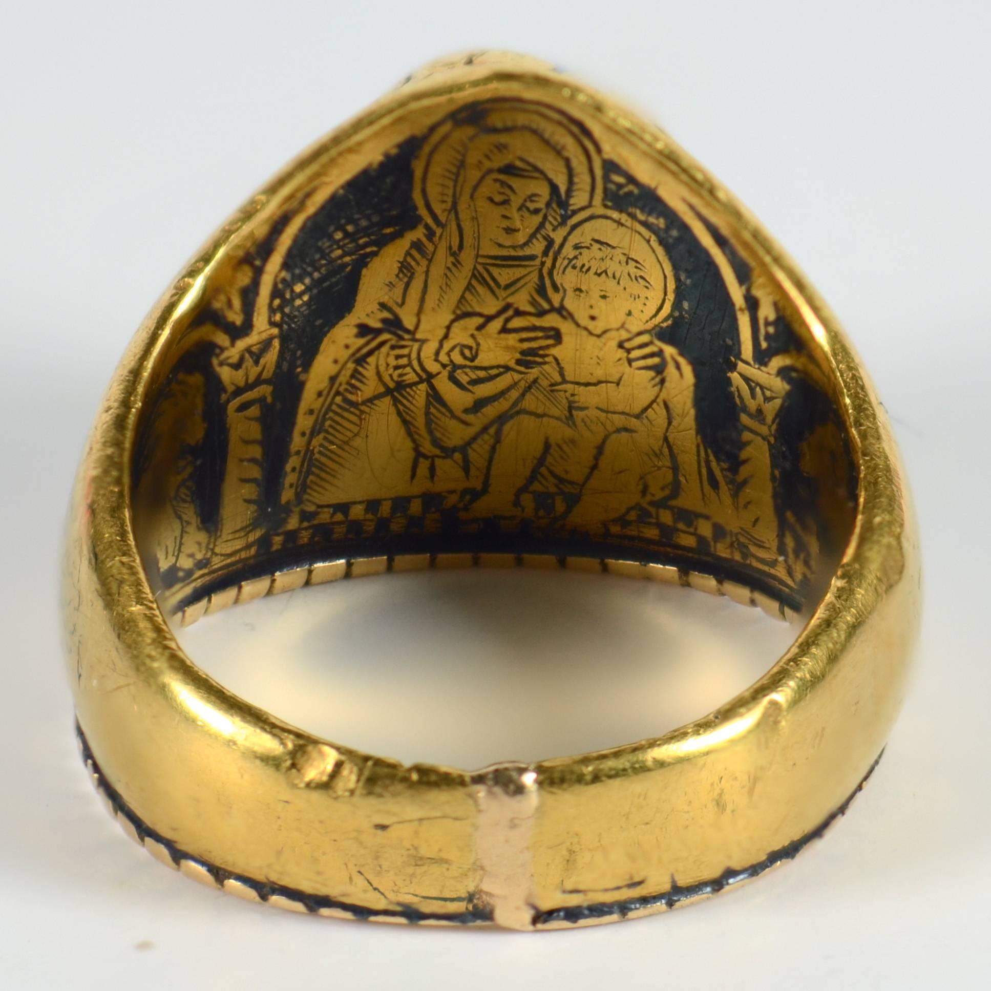 Antique 1912 Christmas Nativity Xmas Blue Sapphire Gold Niello Ring 2