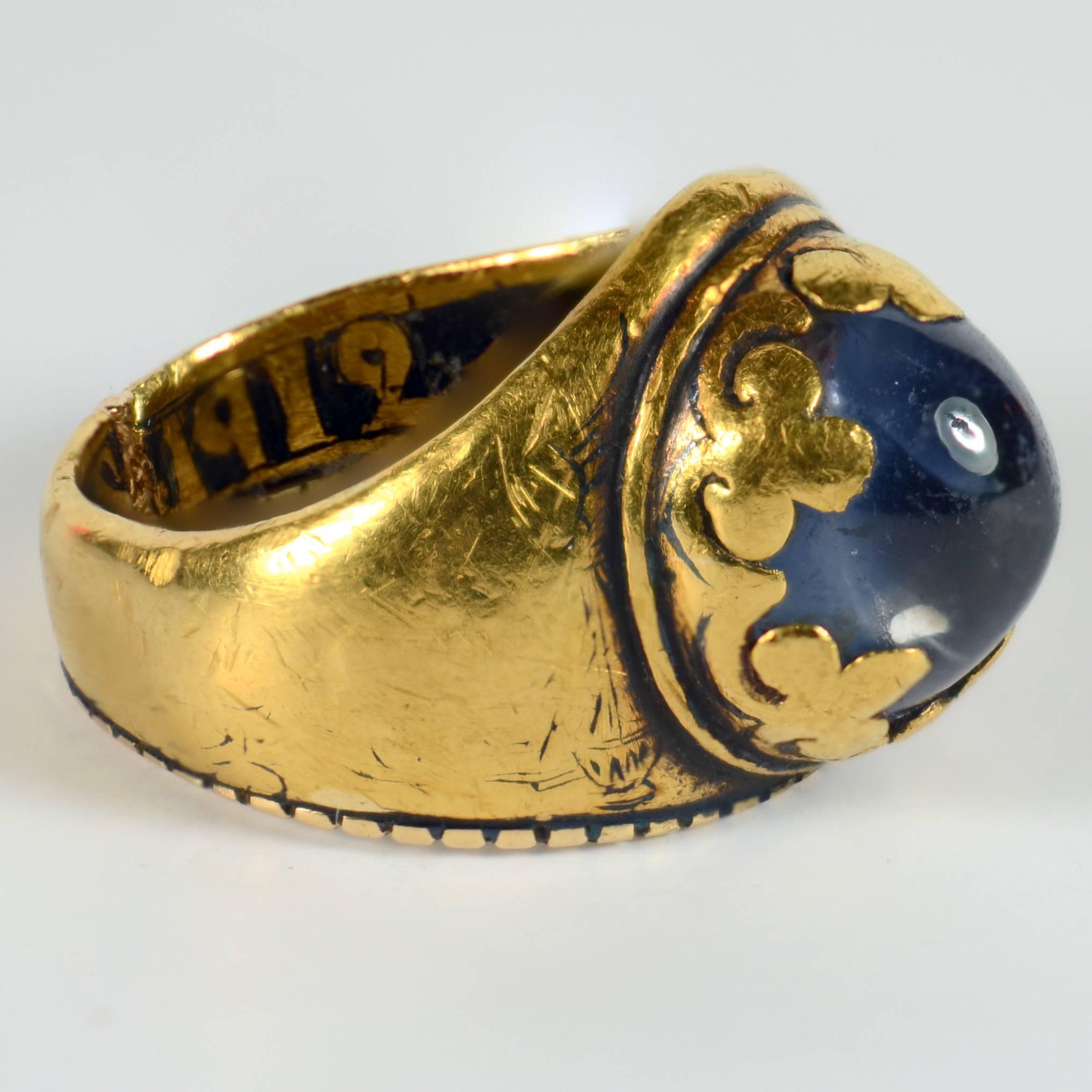 Antique 1912 Christmas Nativity Xmas Blue Sapphire Gold Niello Ring In Good Condition In London, GB