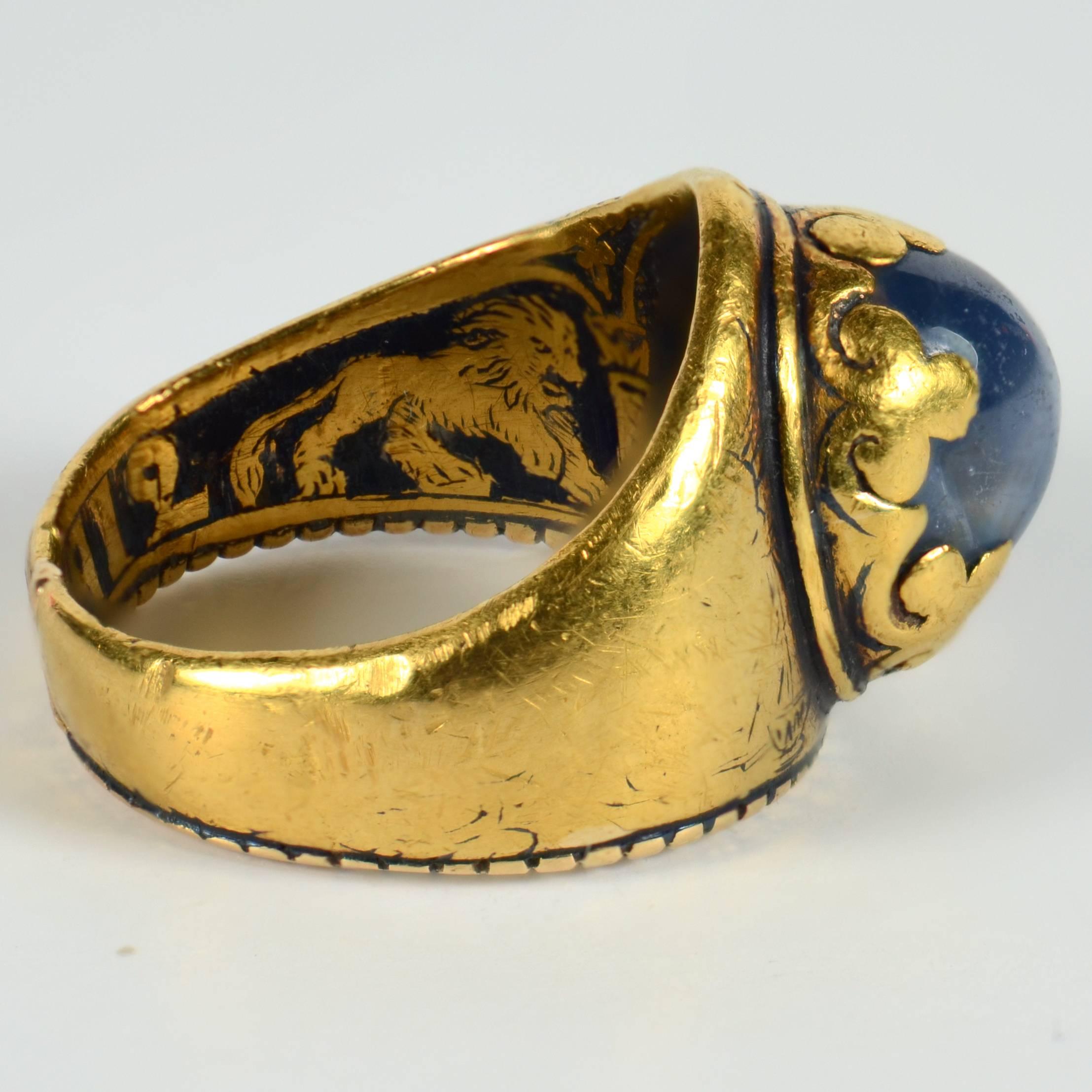 Antique 1912 Christmas Nativity Xmas Blue Sapphire Gold Niello Ring 1