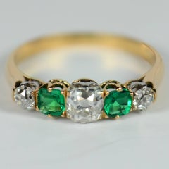 French Emerald Diamond Five-Stone White and Yellow Gold Engagement Ring