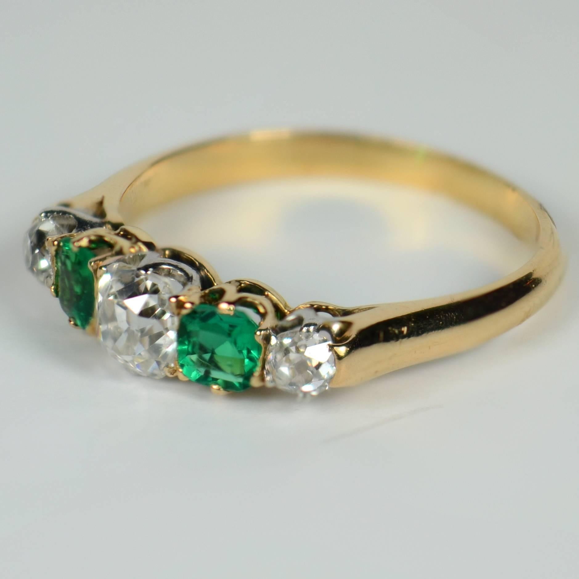 French Emerald Diamond Five-Stone White and Yellow Gold Engagement Ring In Good Condition In London, GB