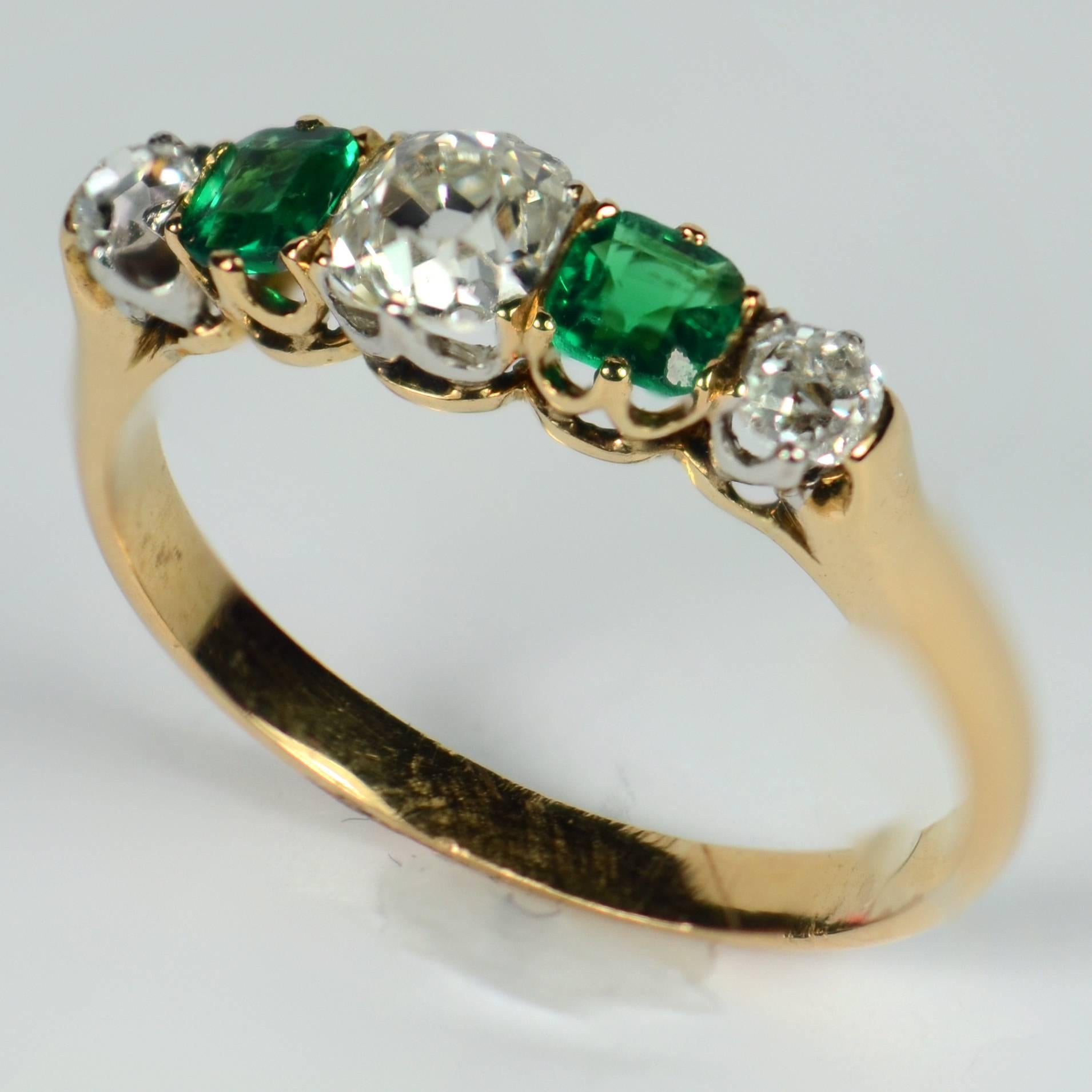 Belle Époque French Emerald Diamond Five-Stone White and Yellow Gold Engagement Ring