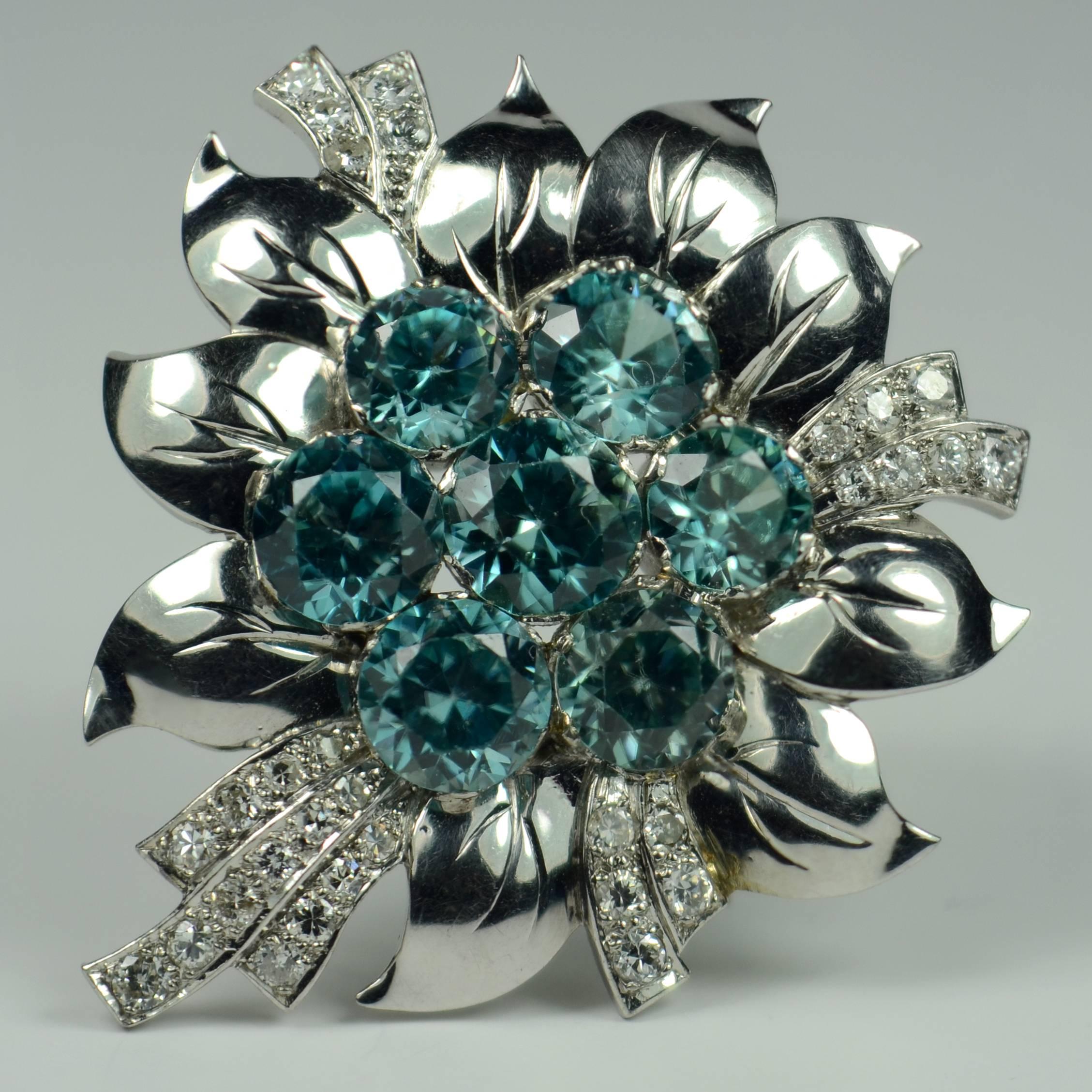 Blue Zircon White Diamond Platinum Flower Brooch For Sale 1