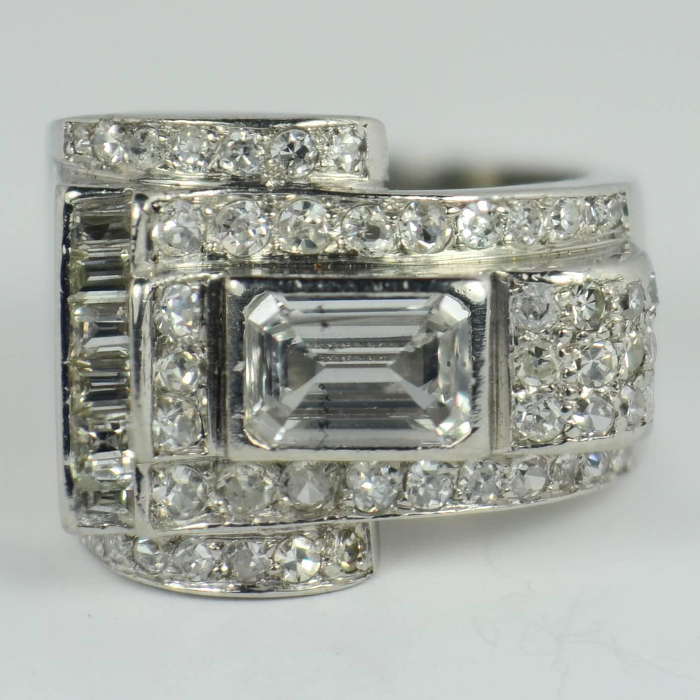 Art Deco Diamond Platinum Tank Ring For Sale 2