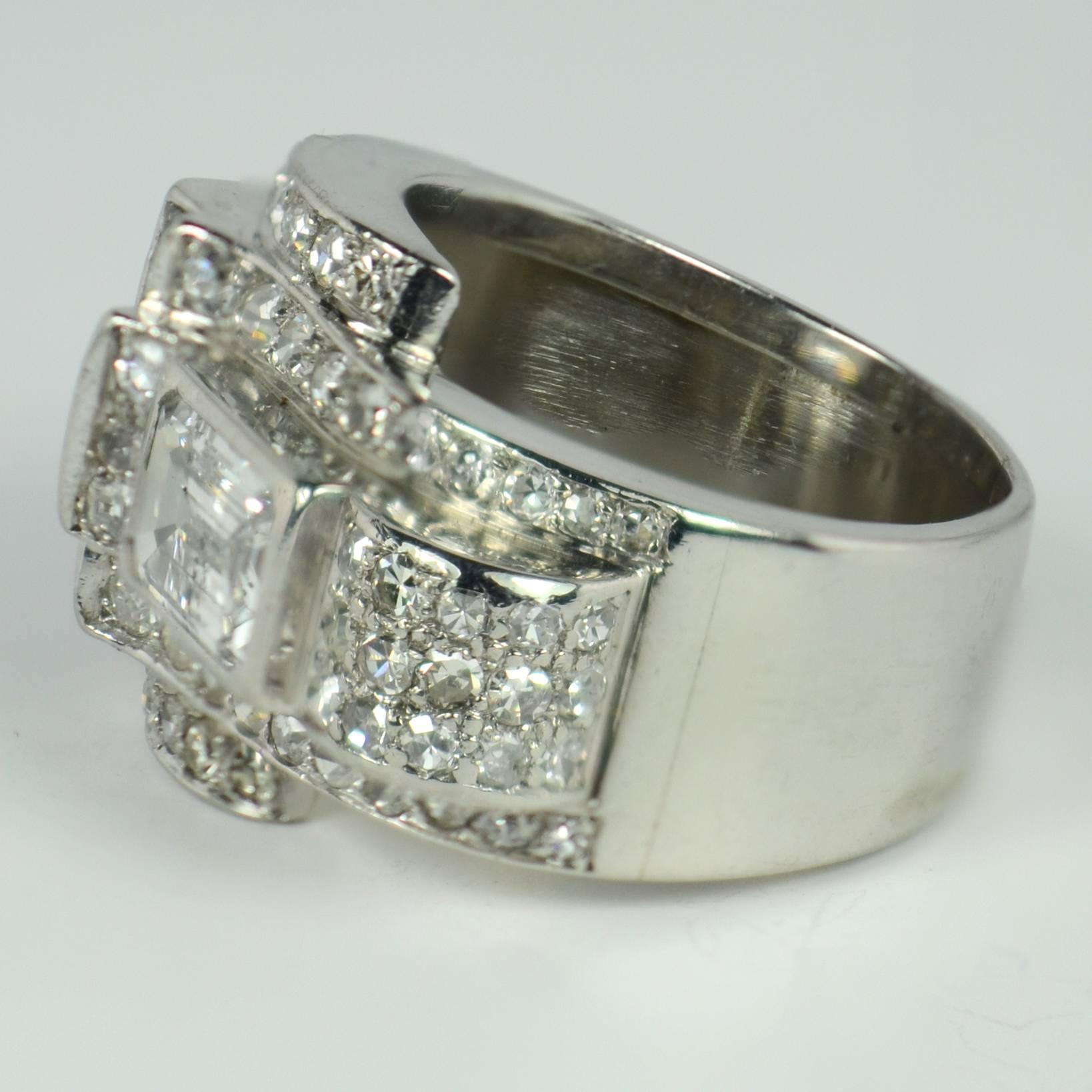 Diamant-Platin-Tank-Ring im Art déco-Stil (Smaragdschliff)