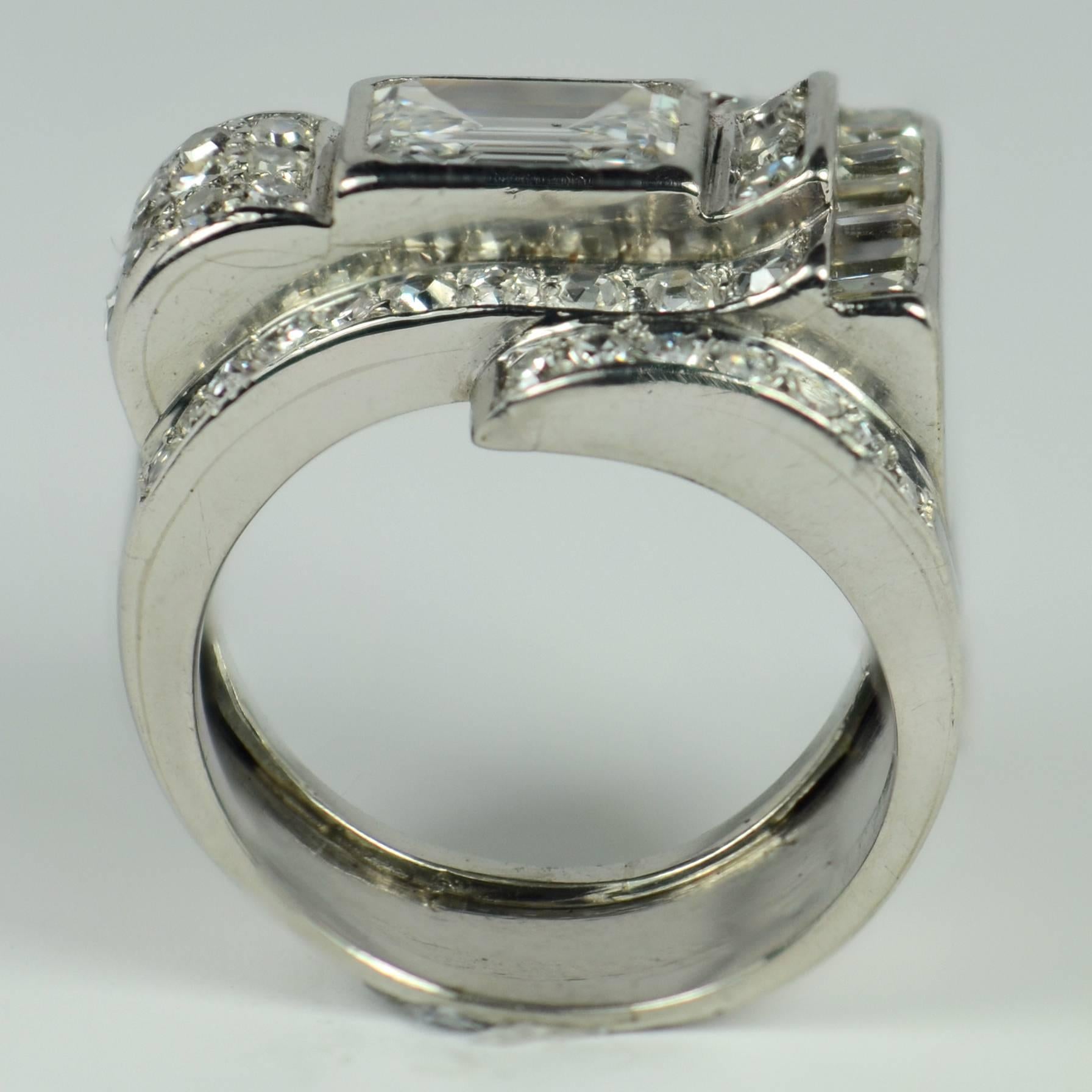 Art Deco Diamond Platinum Tank Ring For Sale 1