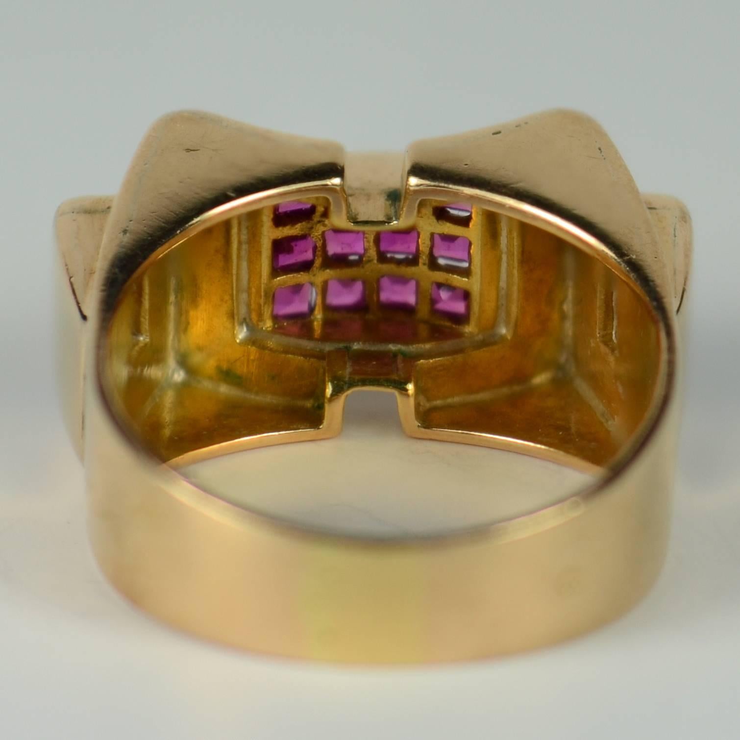 Art Moderne Ruby 18 Karat Gold Tank Ring For Sale 1