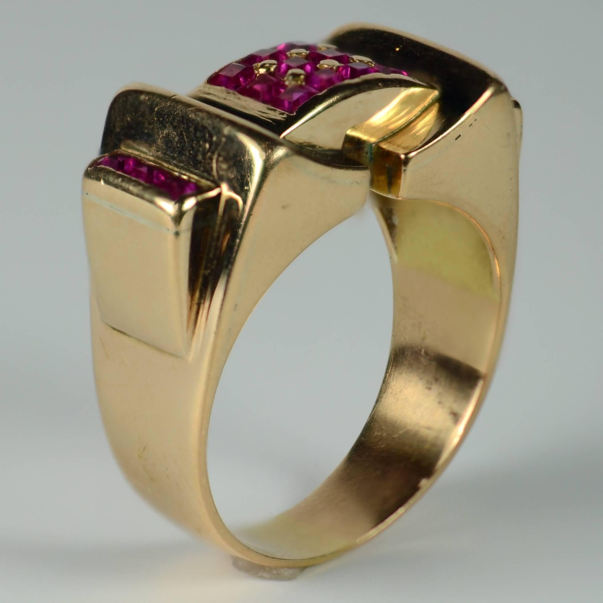 Retro Art Moderne Ruby 18 Karat Gold Tank Ring For Sale