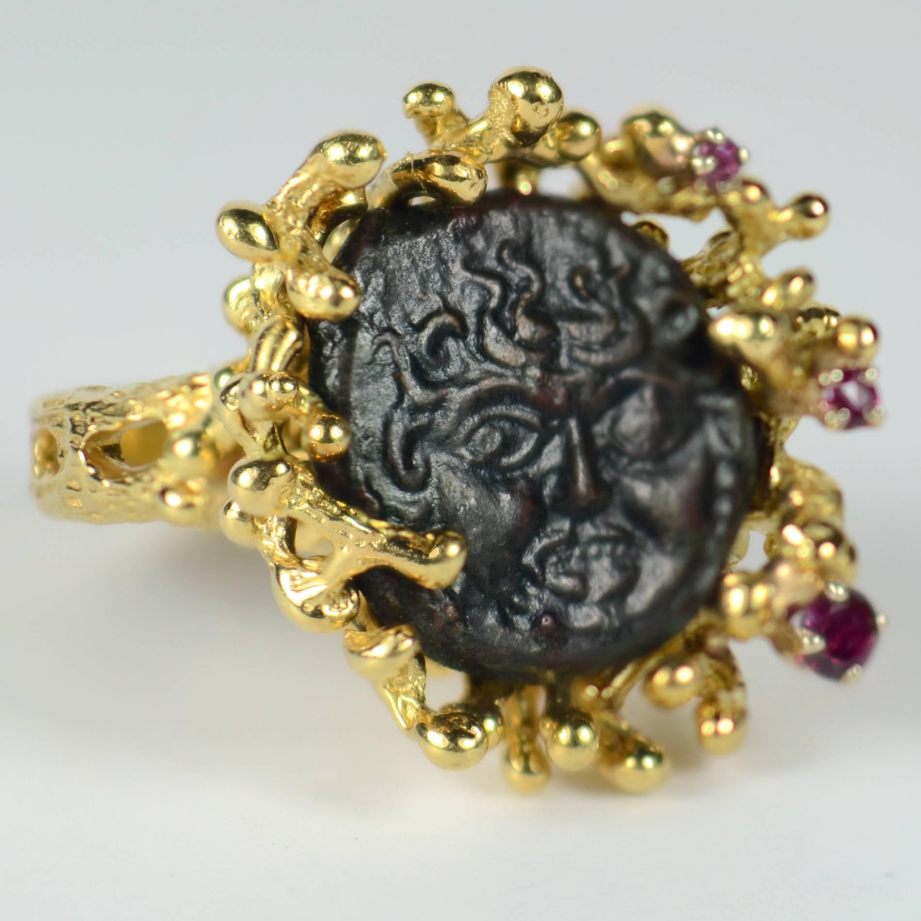 Modernist Antique Medusa Coin Ruby Gold Ring