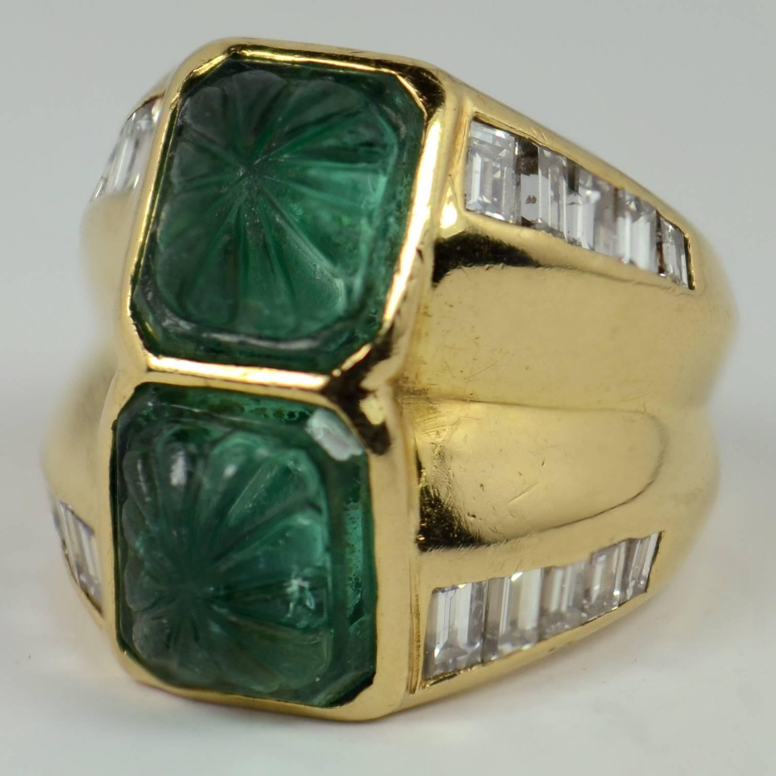 Carved Emerald Diamond Gold Ring 2