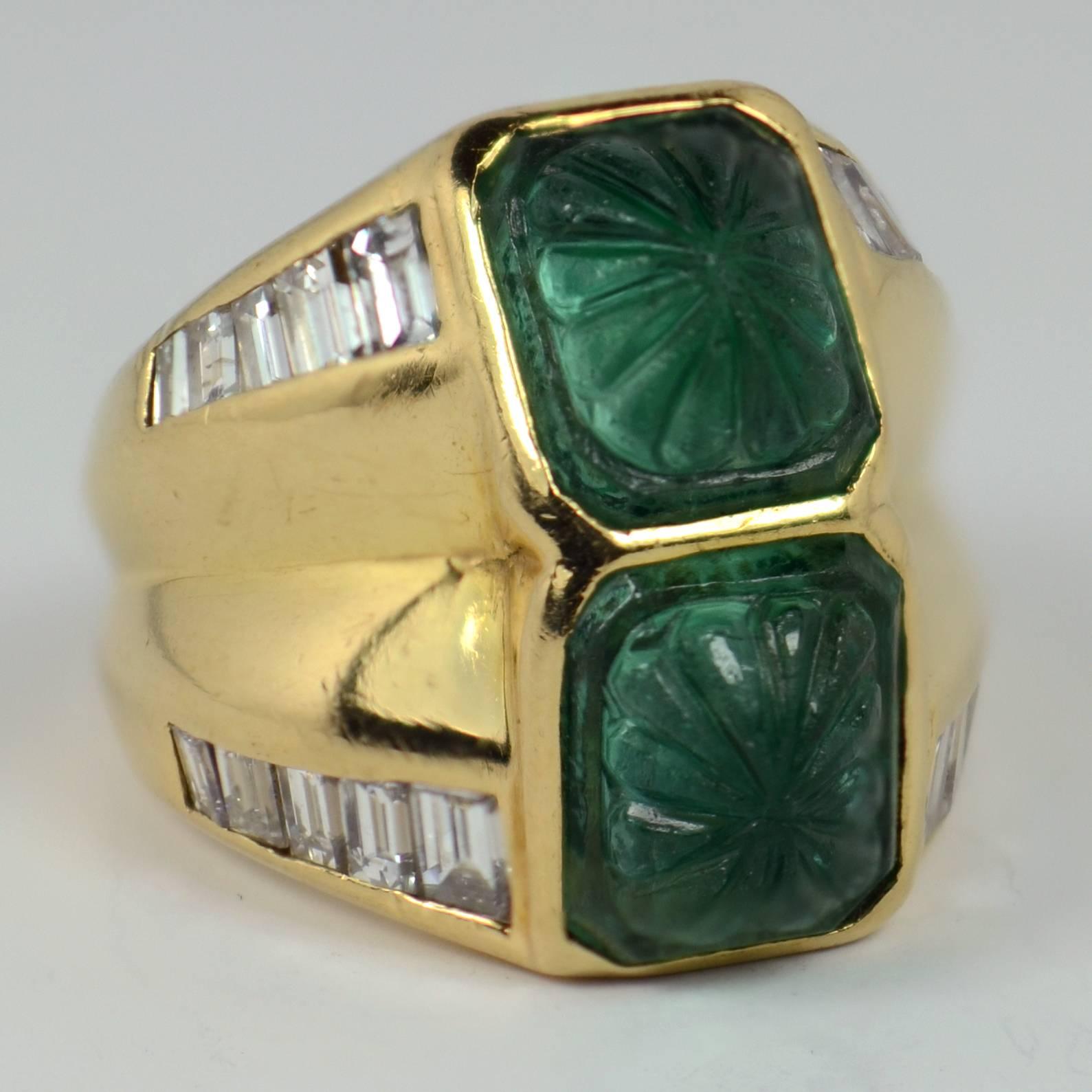 Carved Emerald Diamond Gold Ring 1