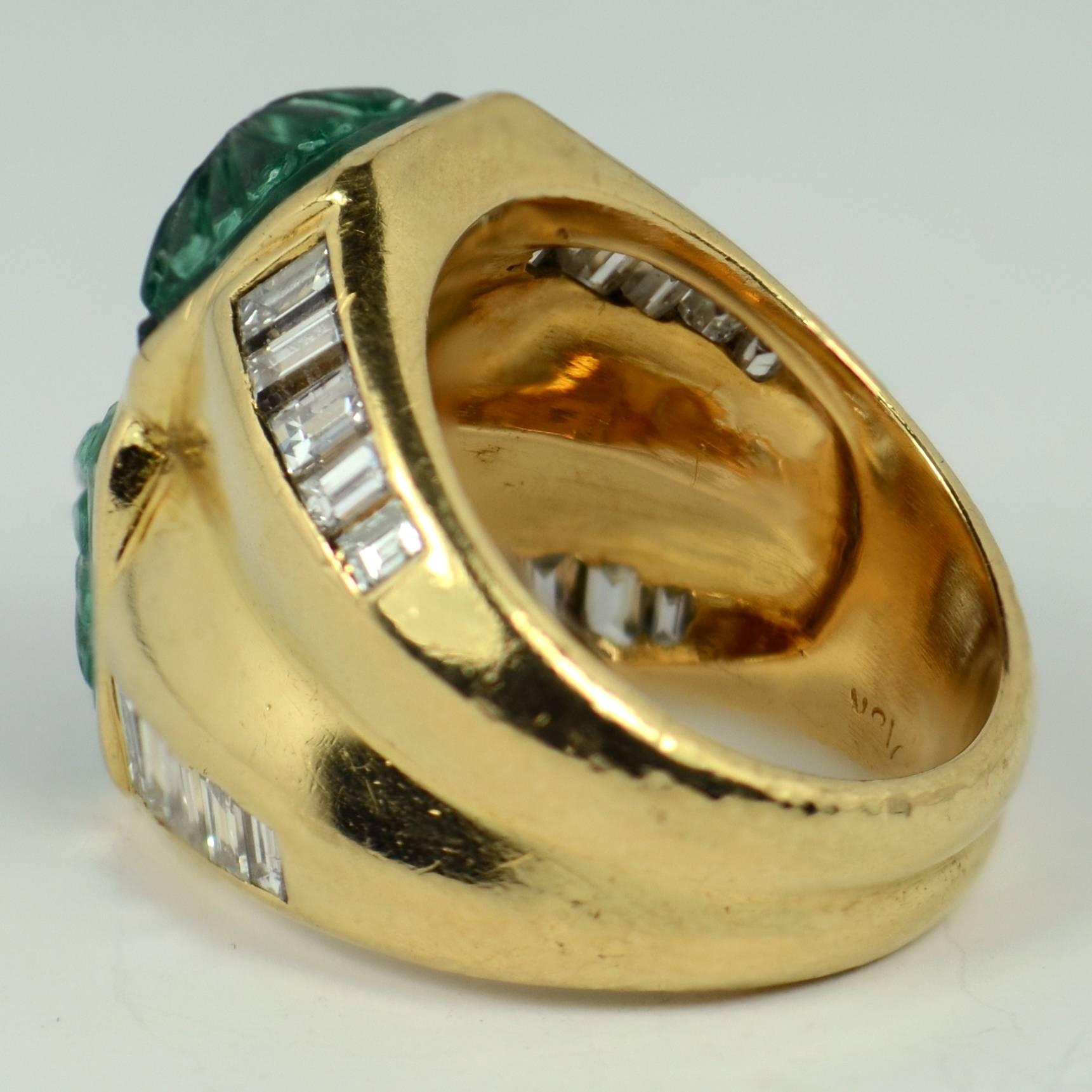 Carved Emerald Diamond Gold Ring 5