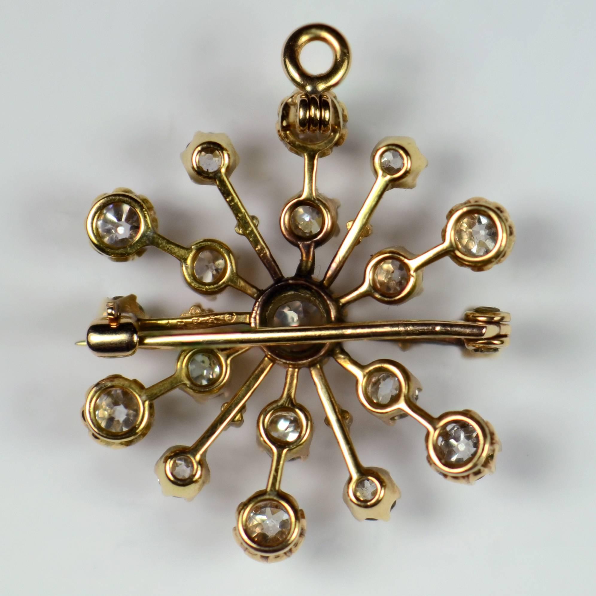 Old Mine Cut Bailey, Banks and Biddle Diamond Gold Snowflake Brooch Pendant