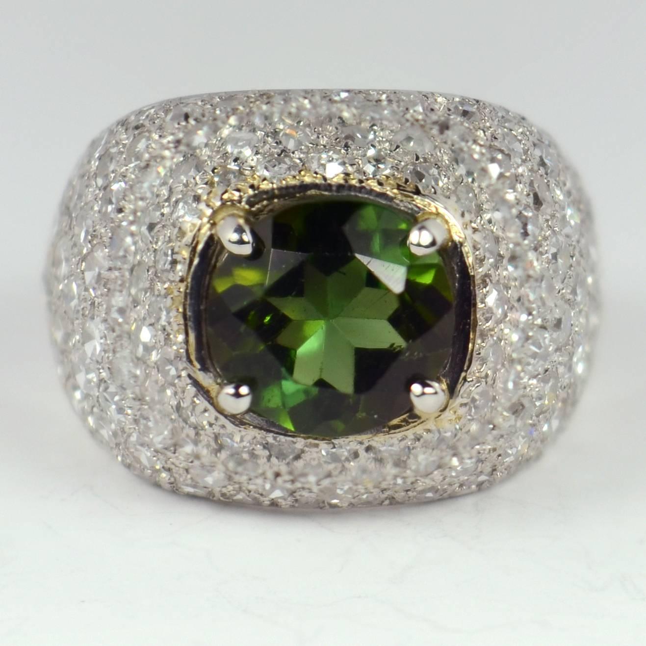 Art Deco Peridot Diamond Bombe Dome Platinum Gold Ring For Sale 3