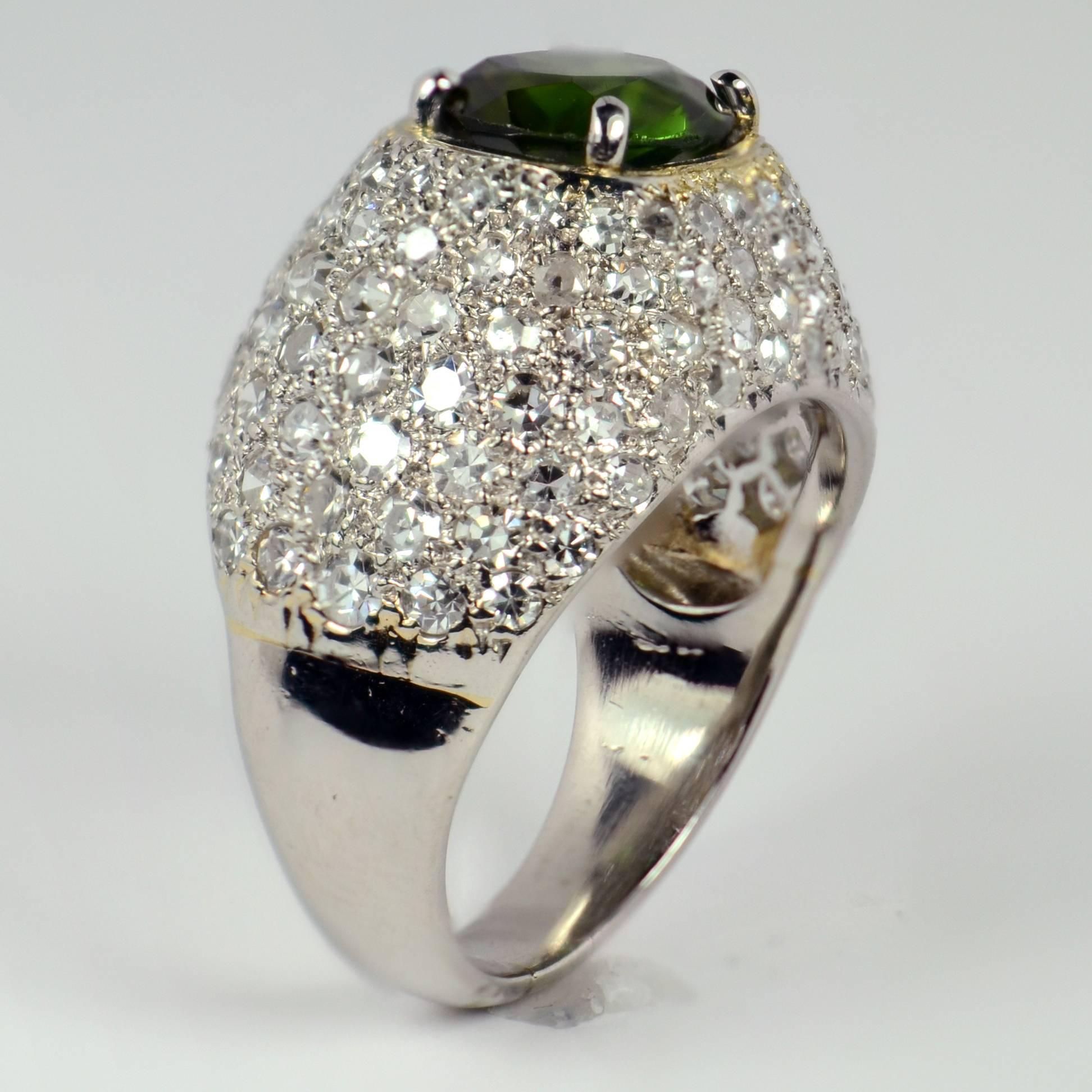 Art Deco Peridot Diamond Bombe Dome Platinum Gold Ring For Sale 6