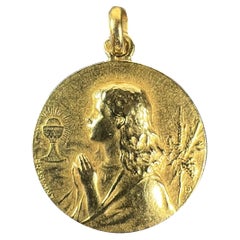 French 18K Yellow Gold Rasumny First Communion Wine and Wheat Harvest Medal Pend