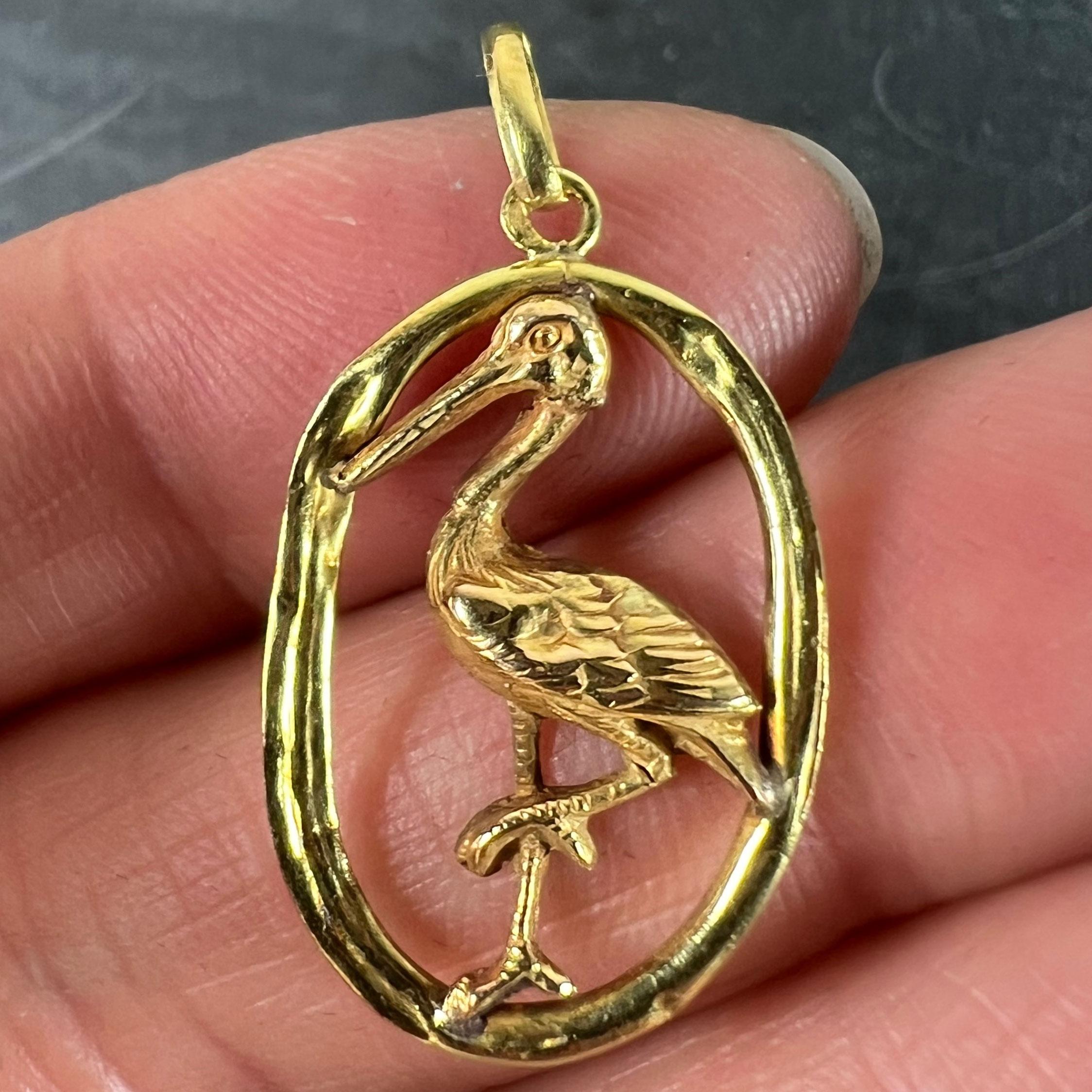Women's French 18 Karat Yellow Rose Gold Stork Charm Pendant For Sale