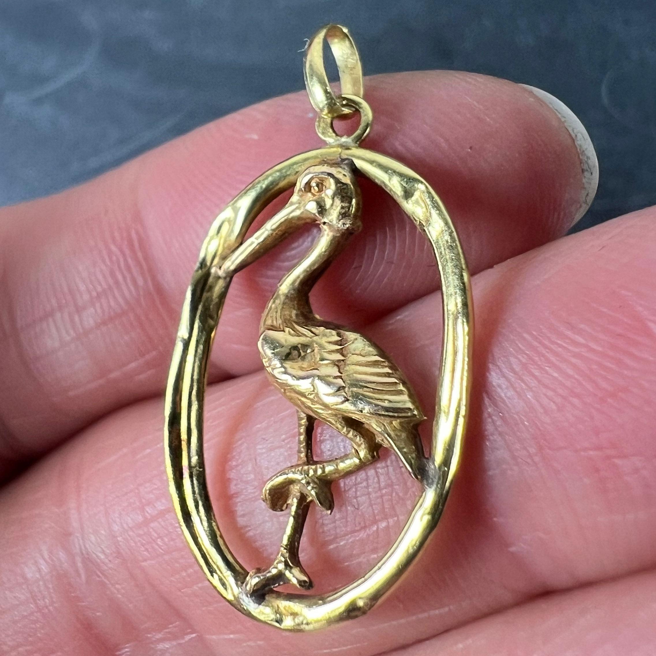 French 18 Karat Yellow Rose Gold Stork Charm Pendant For Sale 1