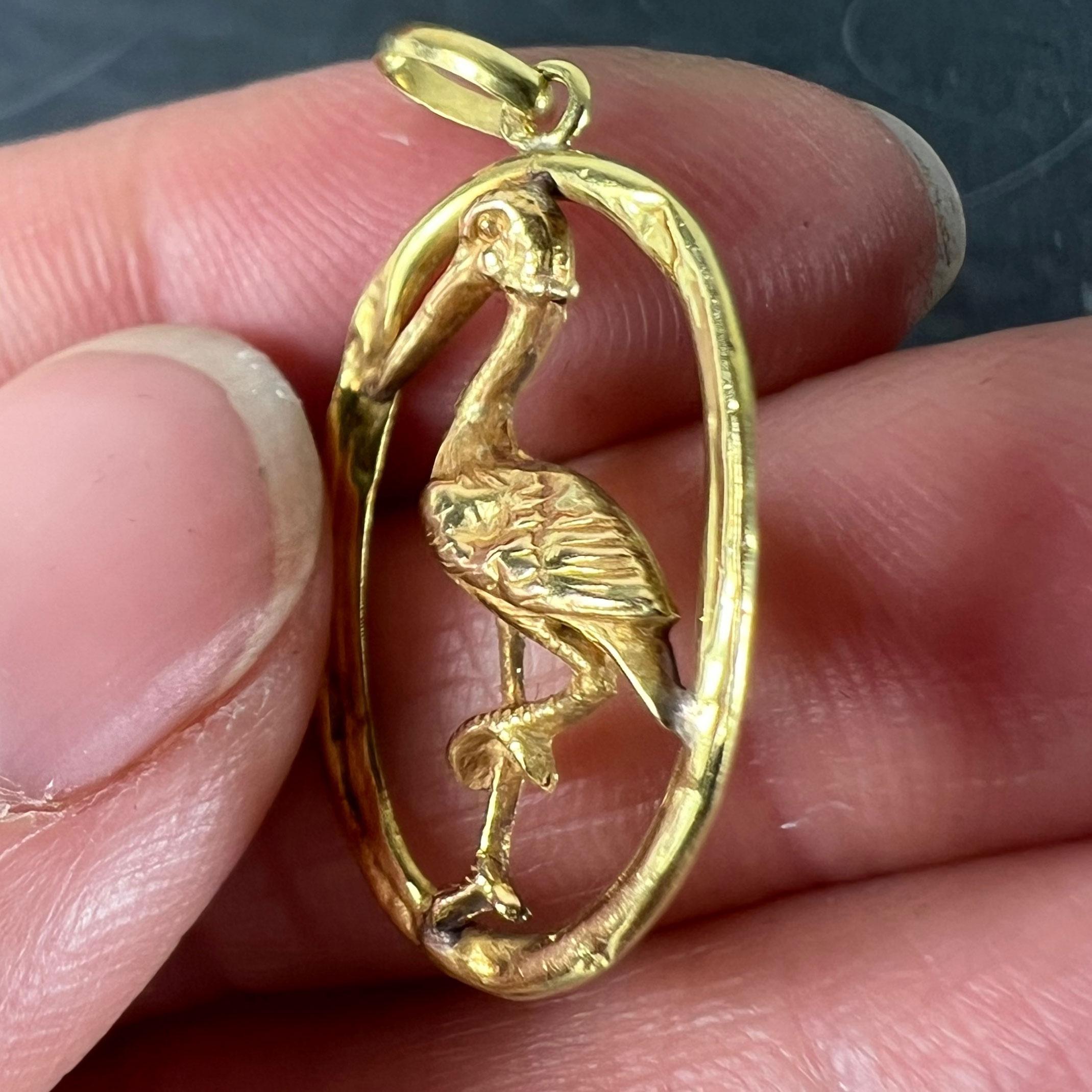 French 18 Karat Yellow Rose Gold Stork Charm Pendant For Sale 2