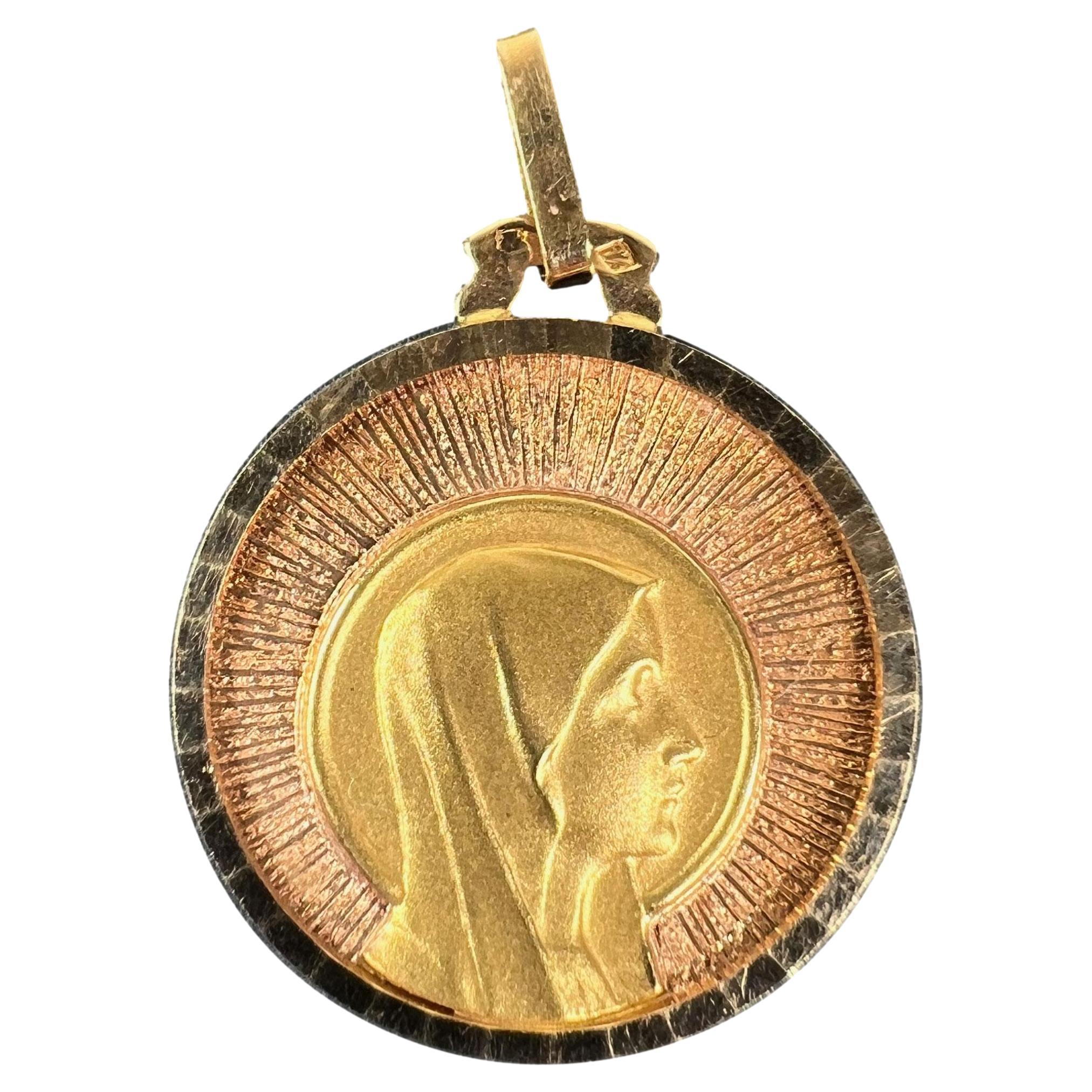 Vintage French Virgin Mary 18K Yellow Rose Gold Sunburst Medal Pendant