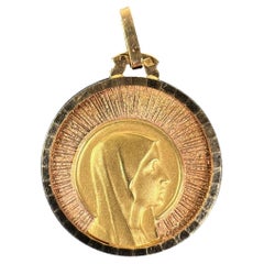 Vintage French Virgin Mary 18K Yellow Rose Gold Sunburst Medal Pendant