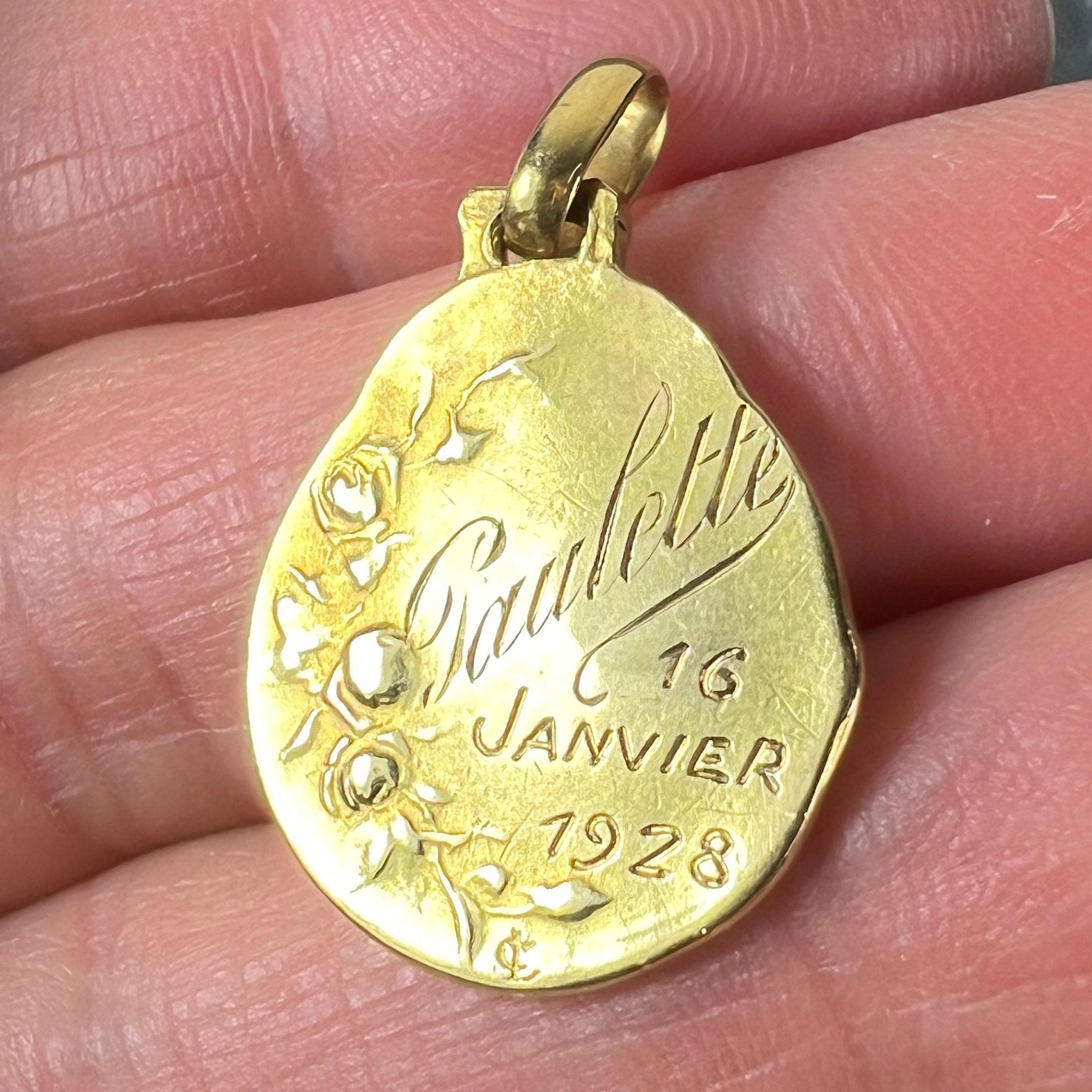 French Emile Dropsy Virgin Mary 18k Yellow Gold Medal Pendant For Sale 1