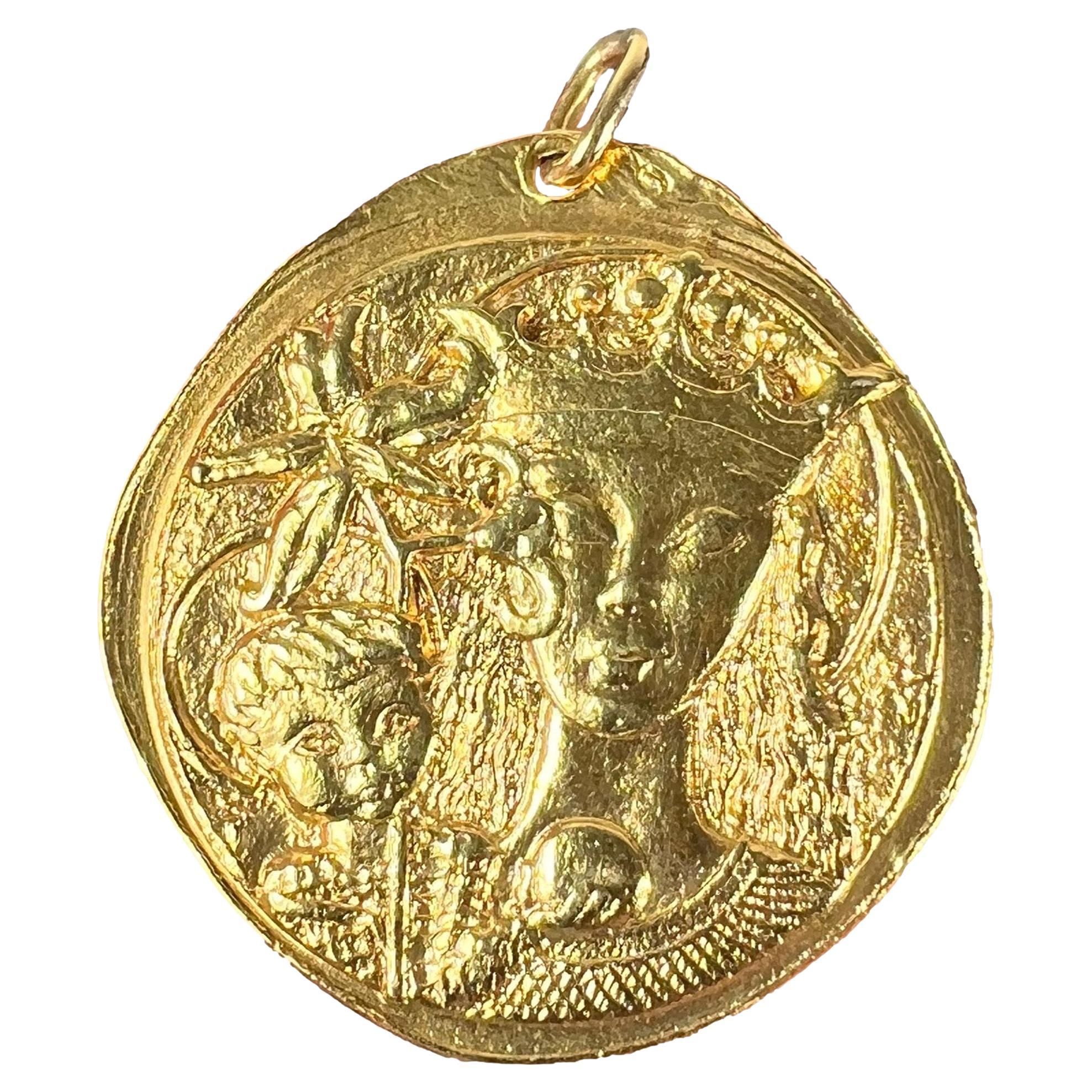 Large French Monnaie De Paris Virgin Mary Lilies Madonna 18K Yellow Gold Pendant