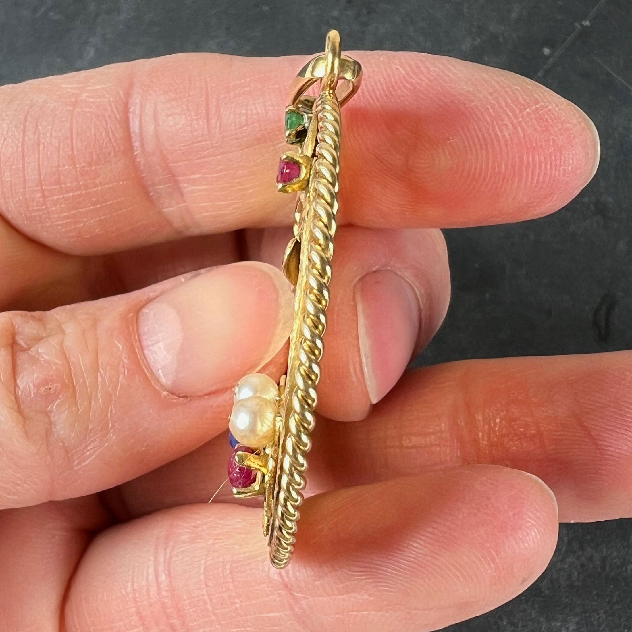 Grand pendentif français Lovebirds en or jaune 18 carats, émeraude, rubis, saphir et diamant en vente 3